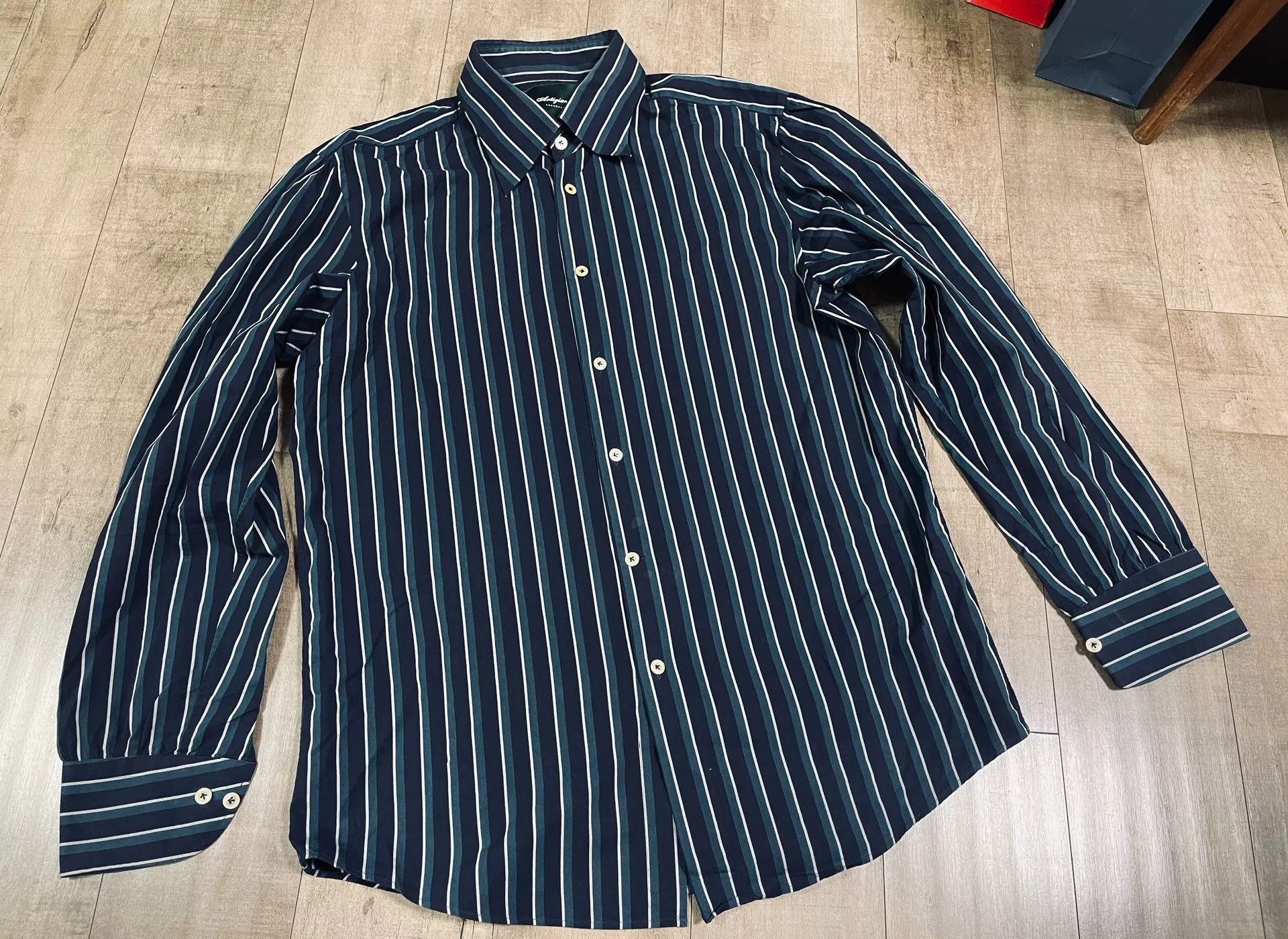 Vintage Navy Green Stripe Shirt The Refinery TR Size US M / EU 48-50 / 2 - 2 Thumbnail