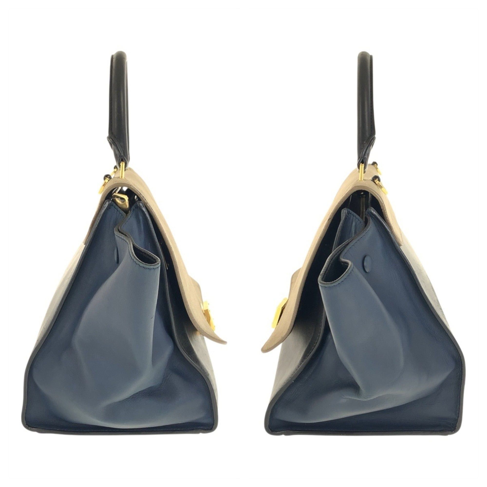 Celine CELINE Trapeze navy/beige leather handbag/shoulder bag with gold hardware. 2-way for women. Size ONE SIZE - 8 Thumbnail