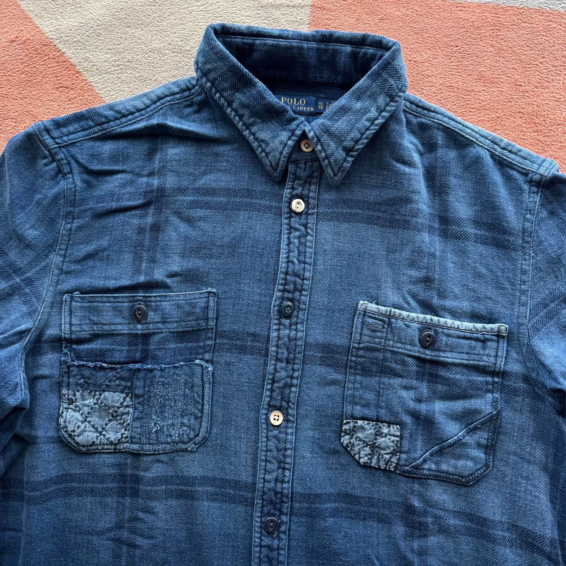 RRL Ralph Lauren Ralph Lauren Indigo Sashiko Patch Shirt Size US XL / EU 56 / 4 - 3 Thumbnail