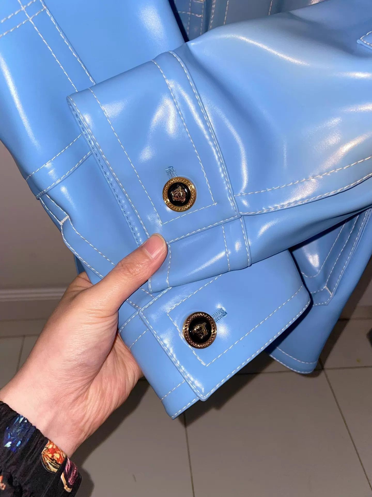 Versace Blue Shiny Button-Front Light Jacket Size US L / EU 52-54 / 3 - 6 Thumbnail
