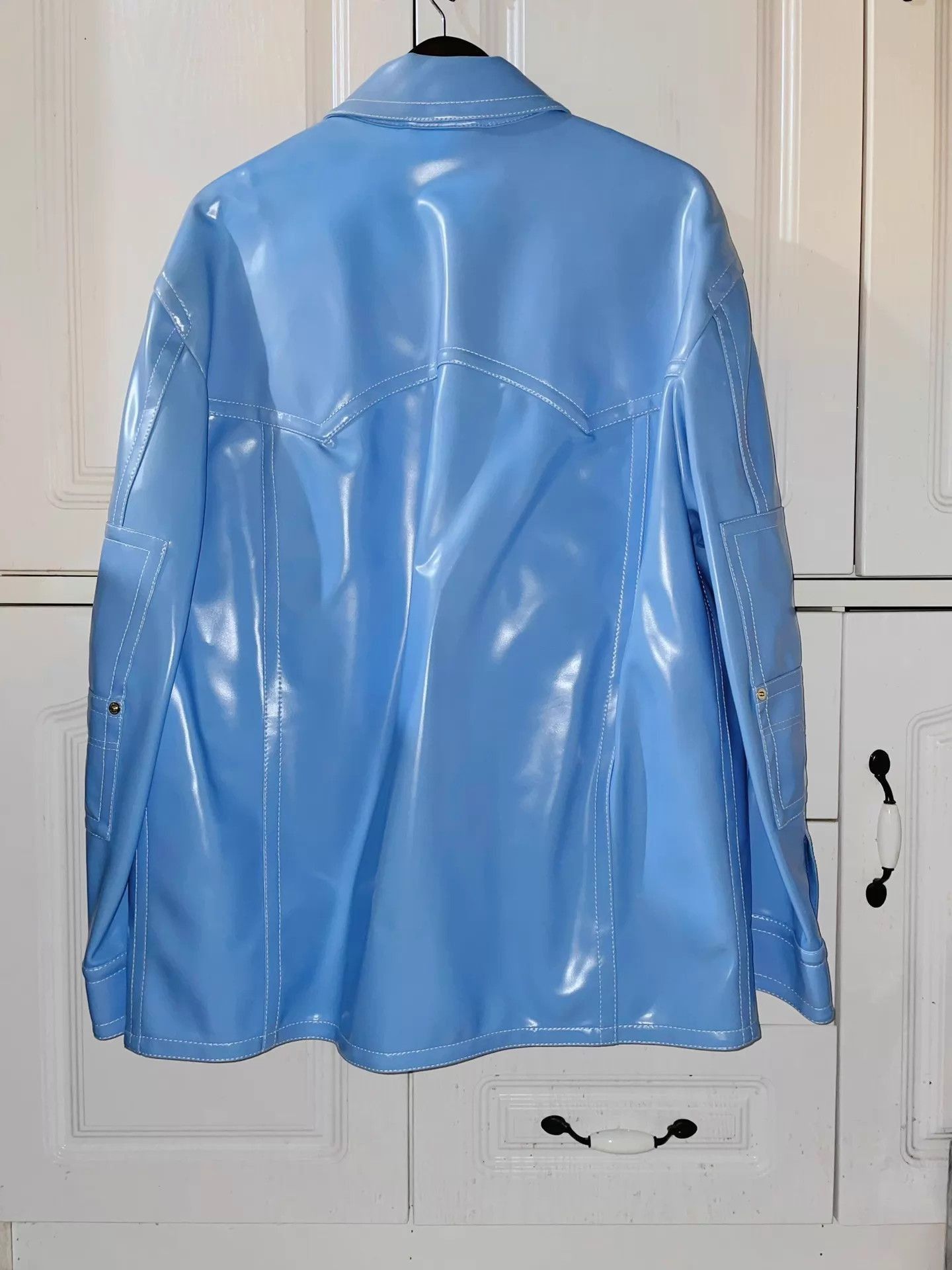 Versace Blue Shiny Button-Front Light Jacket Size US L / EU 52-54 / 3 - 2 Thumbnail