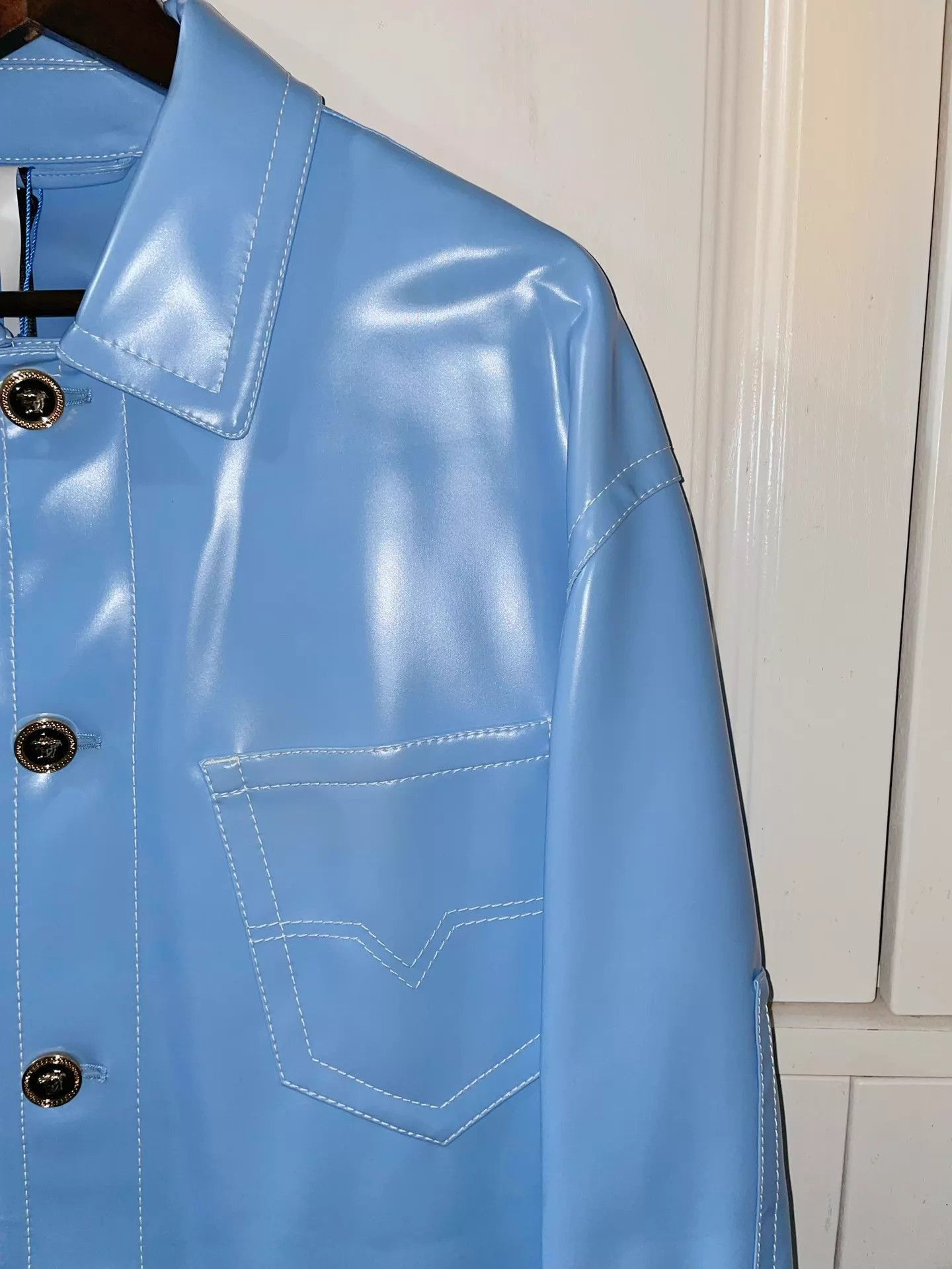 Versace Blue Shiny Button-Front Light Jacket Size US L / EU 52-54 / 3 - 5 Thumbnail