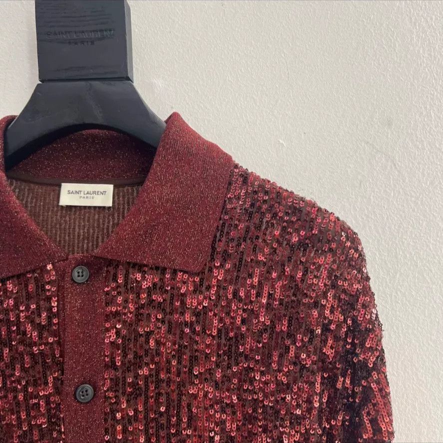 Saint Laurent Paris Saint Laurent Burgundy Sequin Long-Sleeve Polo Size US L / EU 52-54 / 3 - 2 Thumbnail