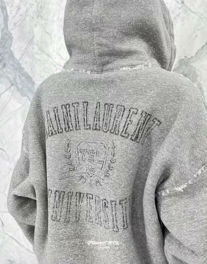 Saint Laurent Paris Yves Saint Laurent Gray Distressed Logo Hoodie Size US L / EU 52-54 / 3 - 8 Thumbnail