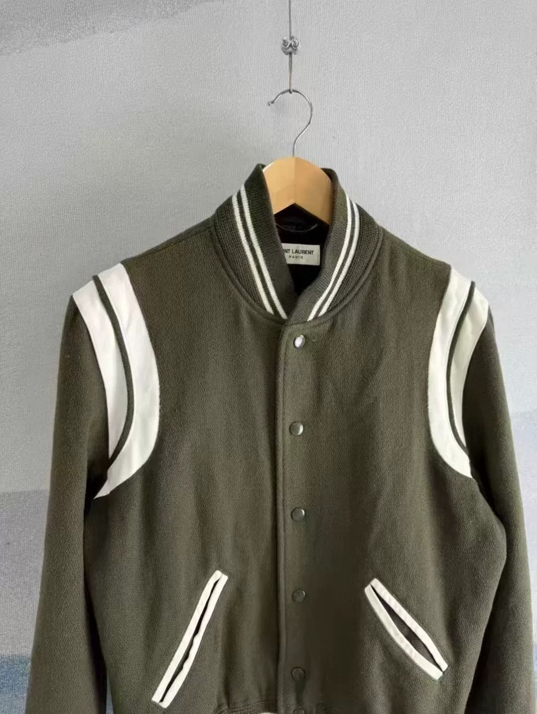 Saint Laurent Paris Saint Laurent Olive Green Wool Baseball Jacket Size US M / EU 48-50 / 2 - 2 Thumbnail