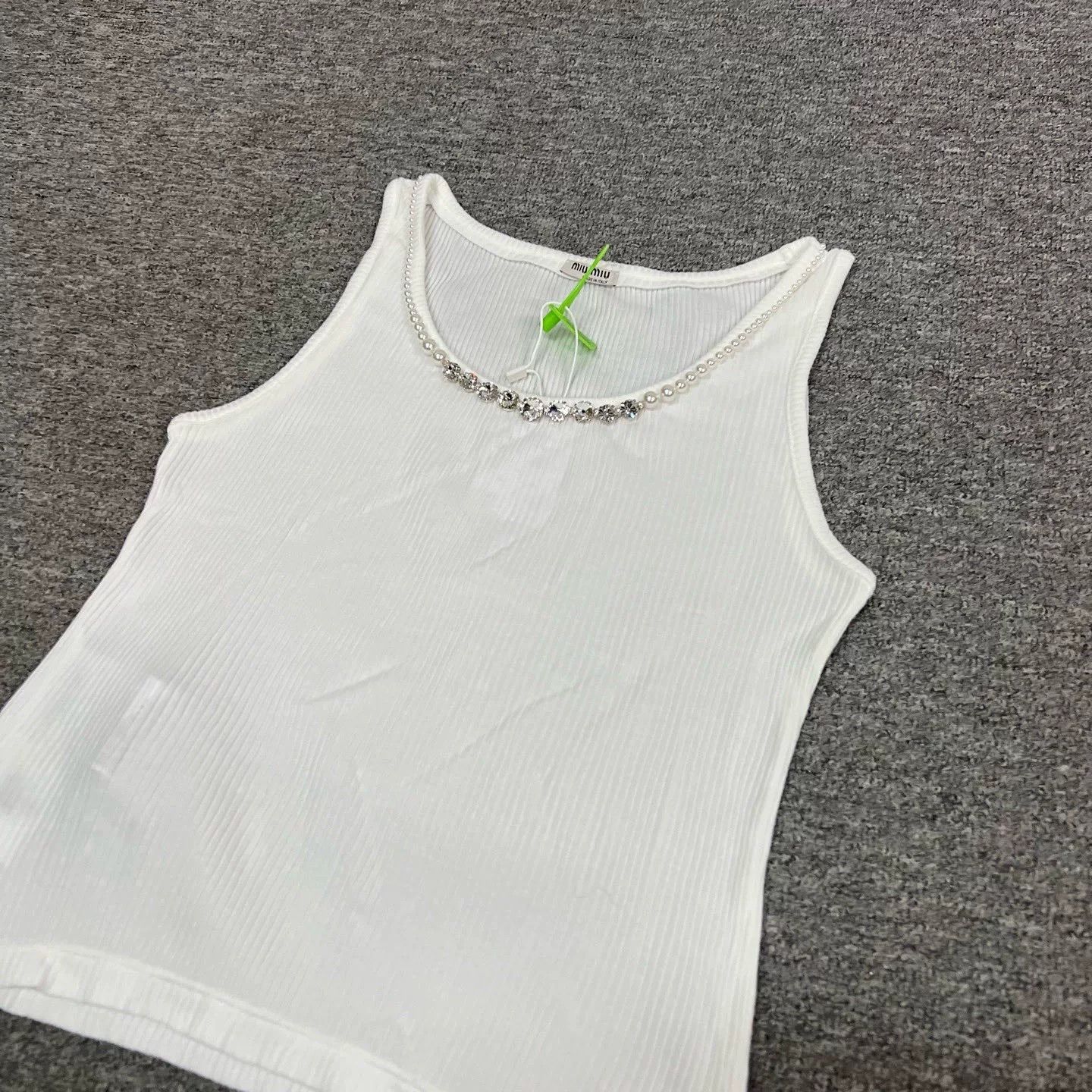 Miu Miu Miumiu Rhinestone Knit White Tank Top Size XL / US 12-14 / IT 48-50 - 2 Thumbnail