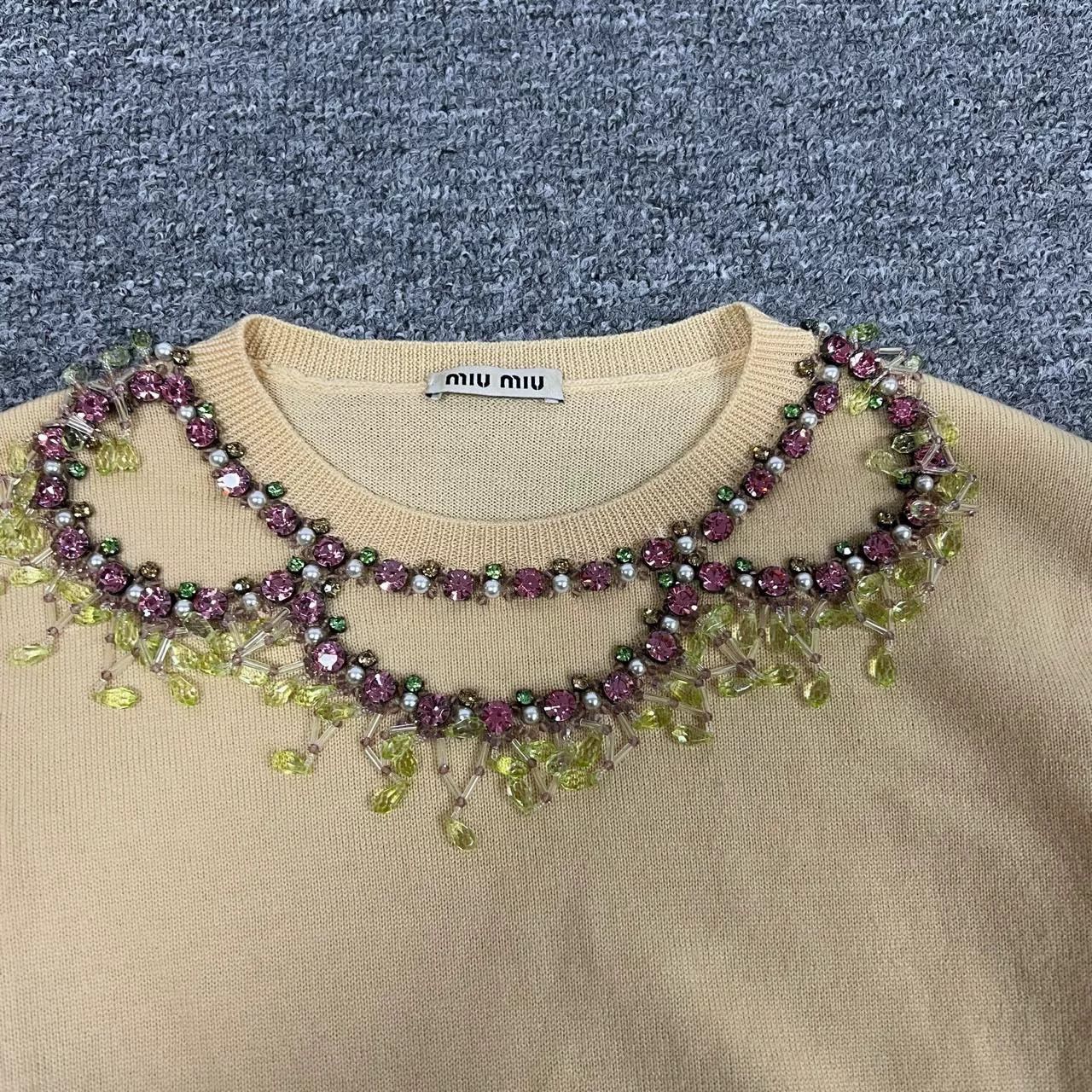 Miu Miu MiuMiu Yellow Crystal Pearl Cashmere Sweater Size XS / US 0-2 / IT 36-38 - 3 Thumbnail