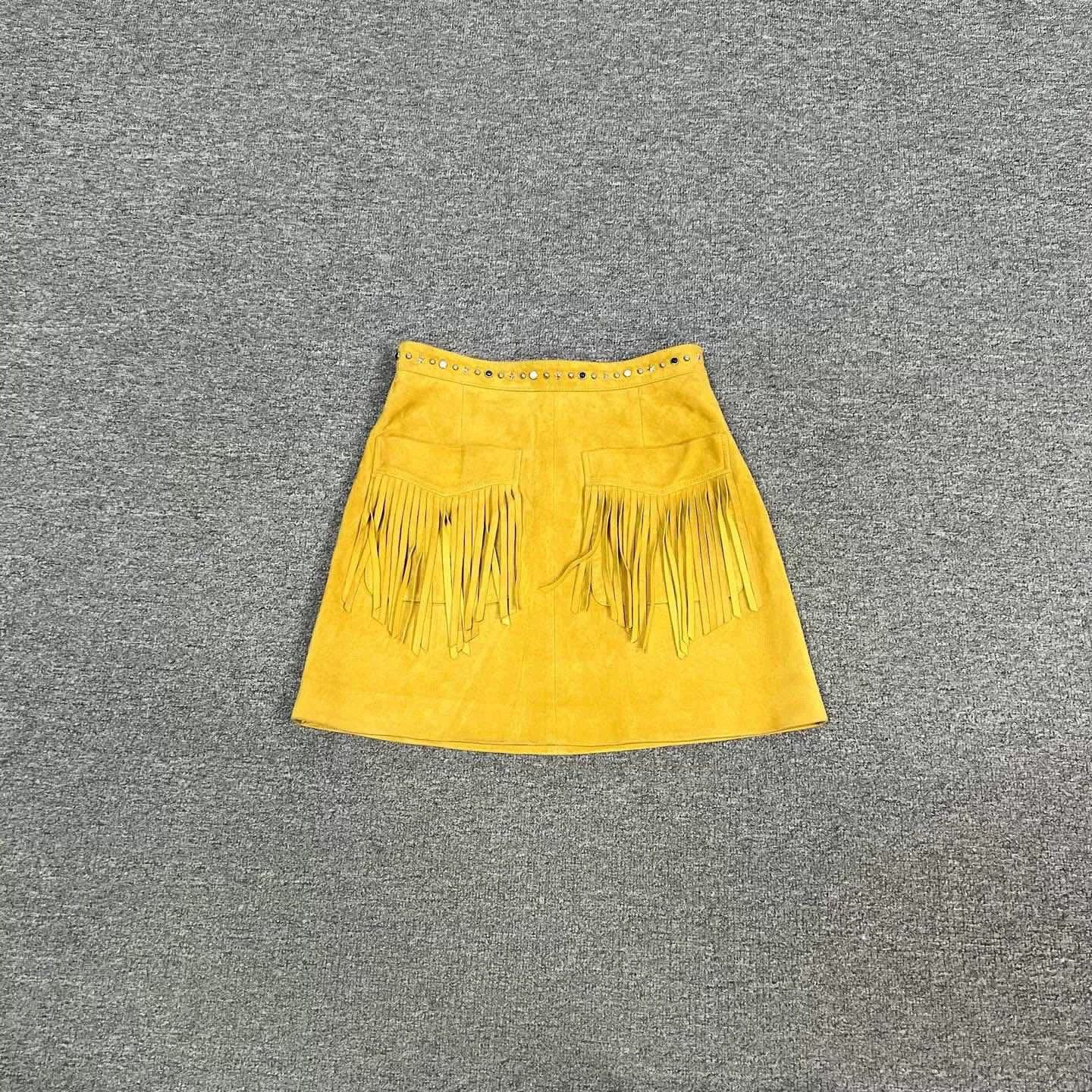 Miu Miu MiuMiu Yellow Suede Fringe Skirt Size 38" / US 16 / IT 52 - 2 Thumbnail