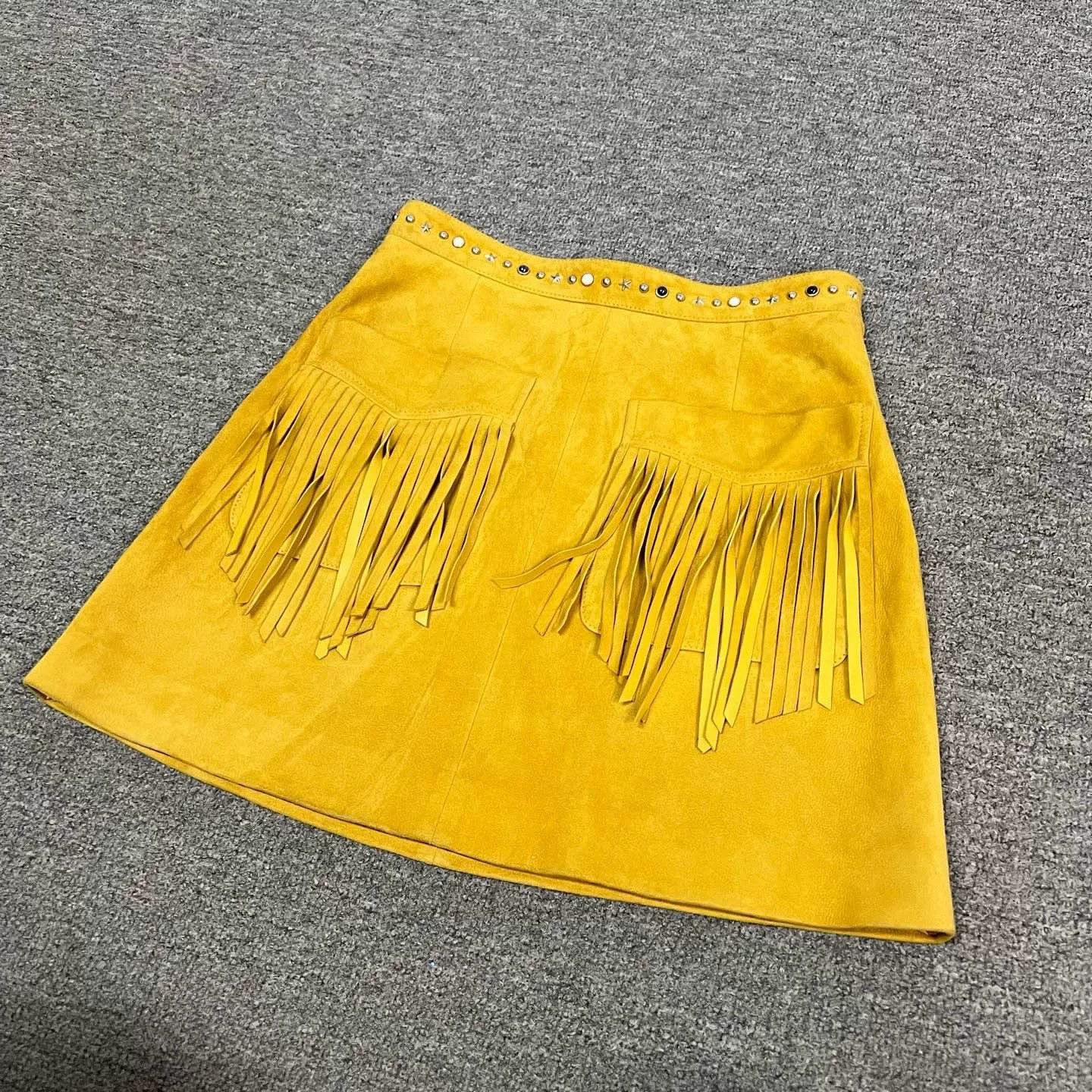 Miu Miu MiuMiu Yellow Suede Fringe Skirt Size 38" / US 16 / IT 52 - 7 Thumbnail