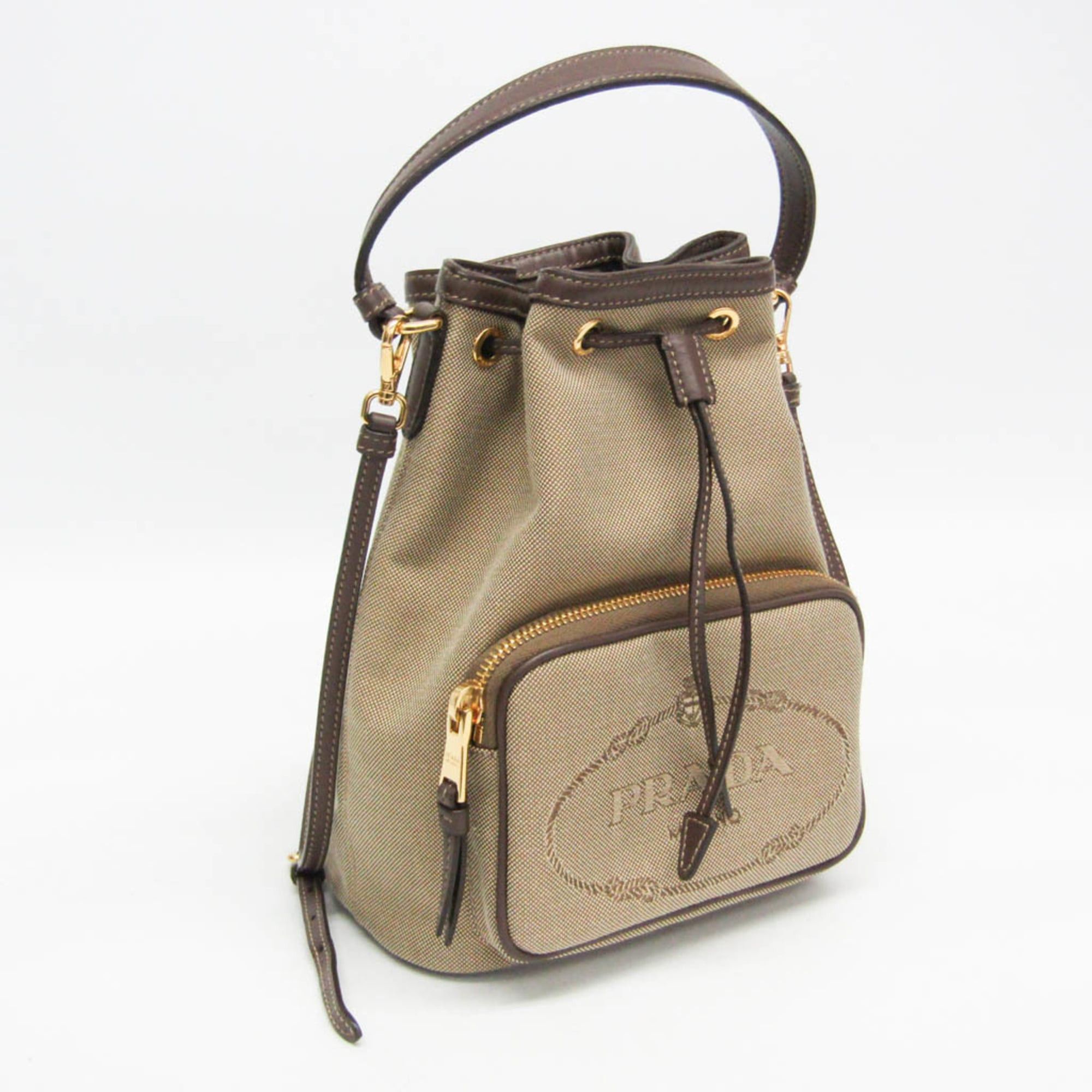 Prada Prada Logo Jacquard Drawstring Bag Women's Leather,Jacquard Handbag,Shoulder Bag Beige Brown,Dark Brown Size ONE SIZE - 7 Thumbnail