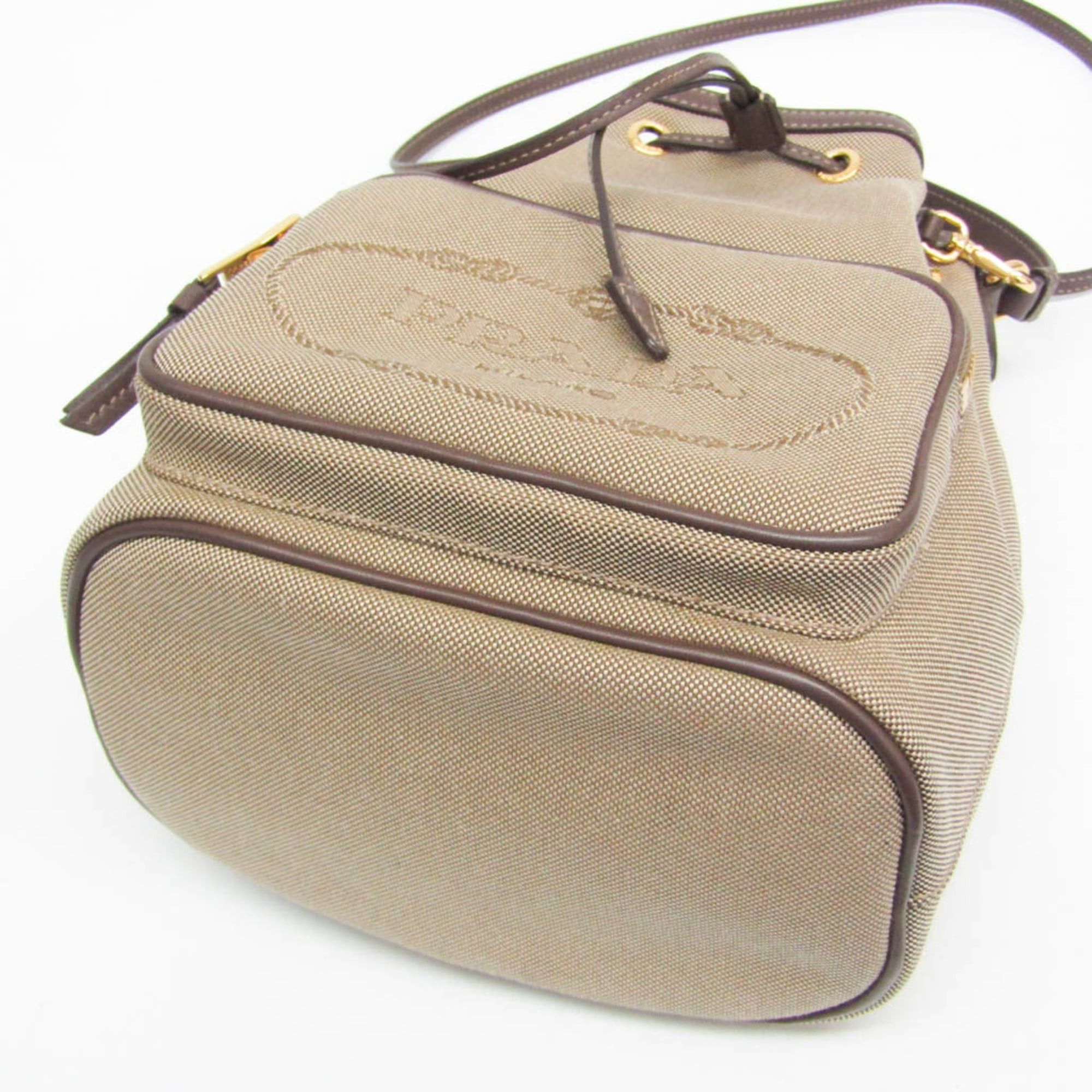 Prada Prada Logo Jacquard Drawstring Bag Women's Leather,Jacquard Handbag,Shoulder Bag Beige Brown,Dark Brown Size ONE SIZE - 5 Thumbnail