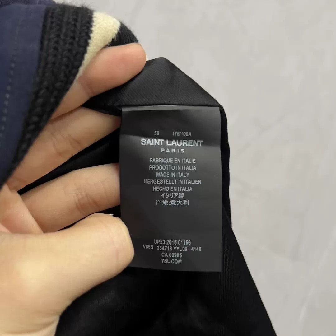 Saint Laurent Paris Saint Laurent Navy Leather-Sleeve Baseball Jacket Size US M / EU 48-50 / 2 - 4 Thumbnail