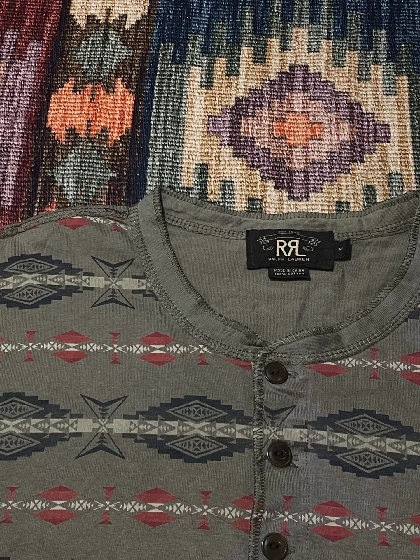RRL Ralph Lauren RRL Southwest Print Henley Long Sleeve T-Shirt M Size US M / EU 48-50 / 2 - 3 Thumbnail