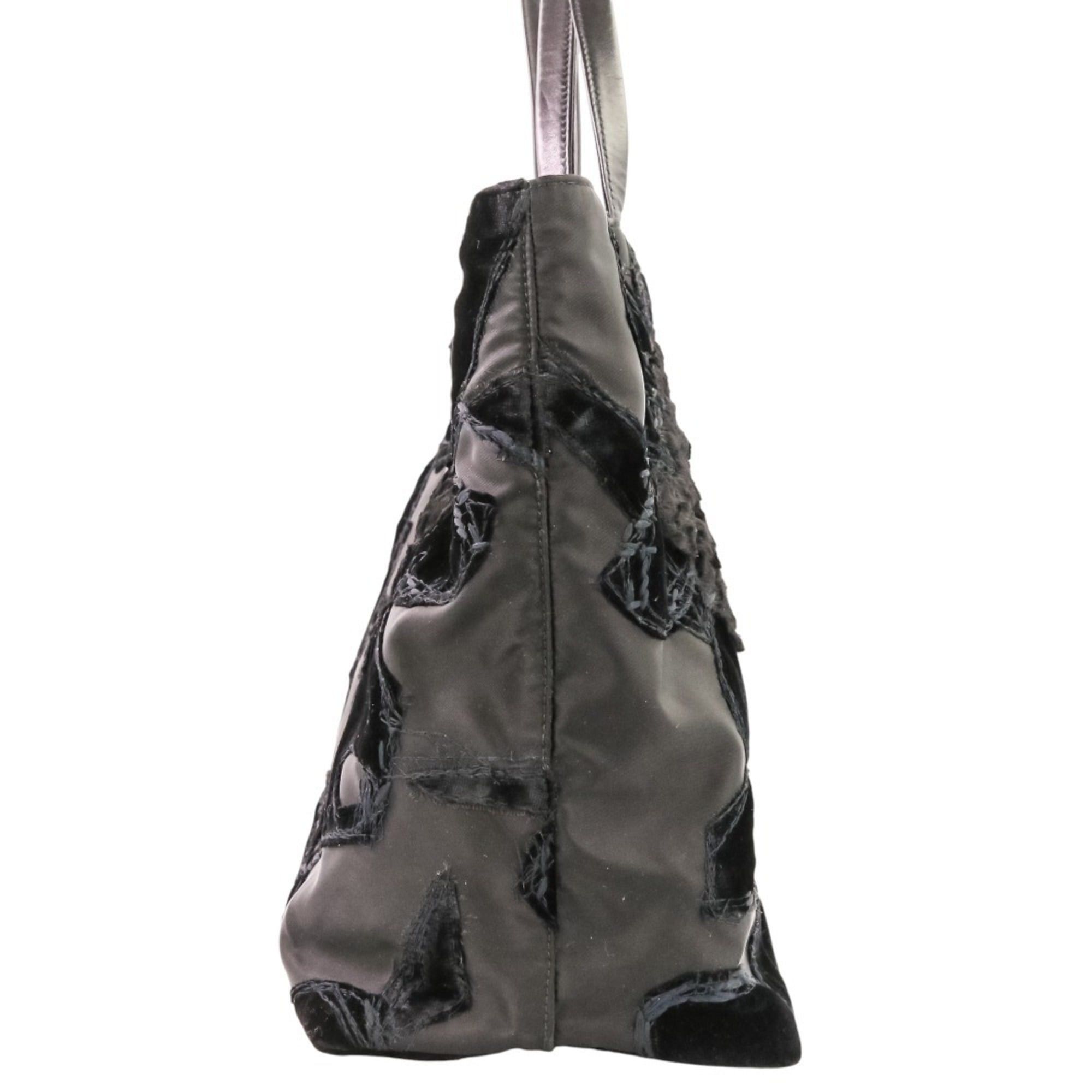 Prada PRADA Velvet Flower Nylon Tote Bag, Black, Women's Size ONE SIZE - 3 Thumbnail
