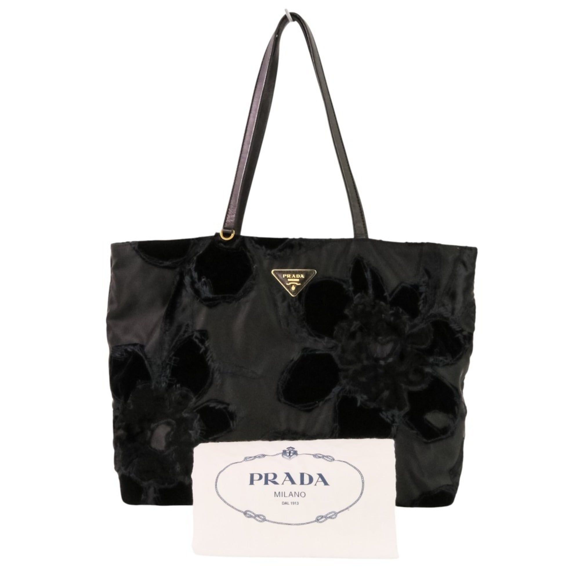 Prada PRADA Velvet Flower Nylon Tote Bag, Black, Women's Size ONE SIZE - 8 Thumbnail