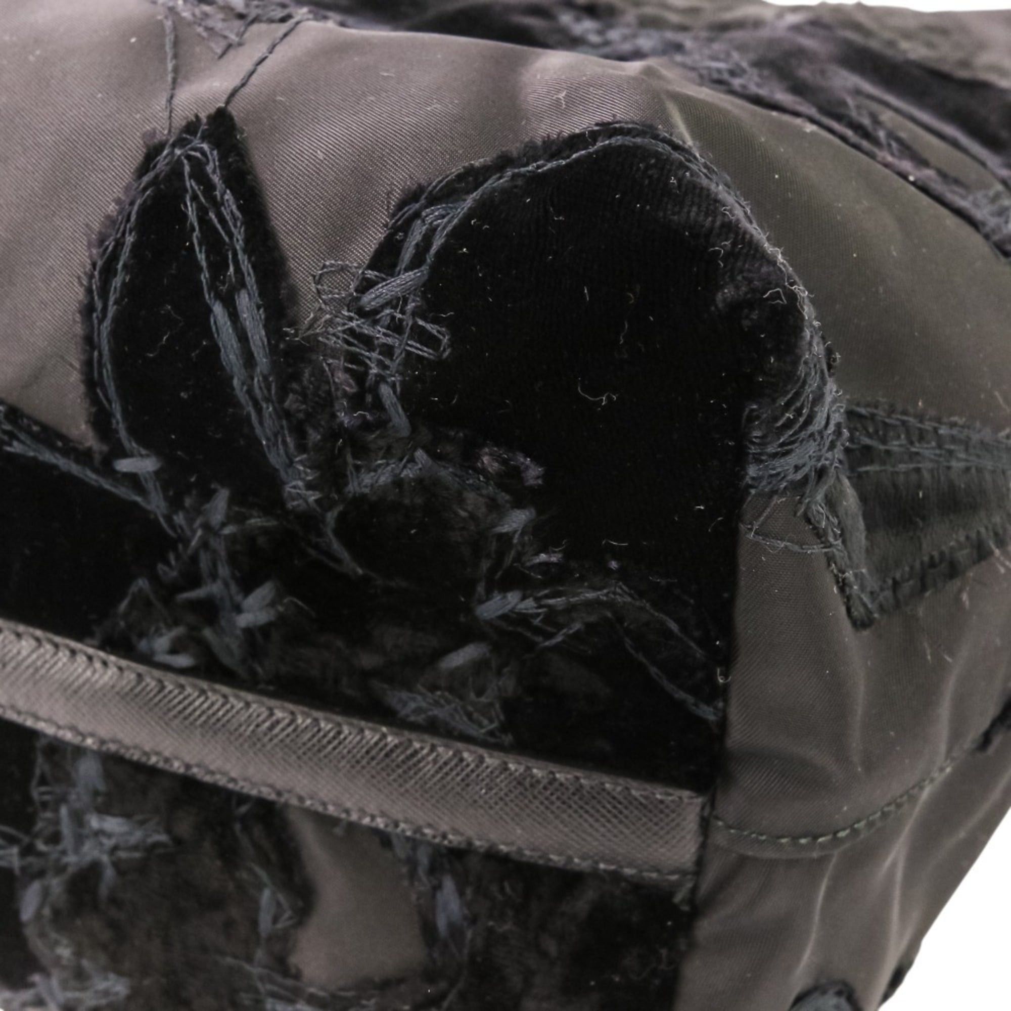 Prada PRADA Velvet Flower Nylon Tote Bag, Black, Women's Size ONE SIZE - 9 Thumbnail