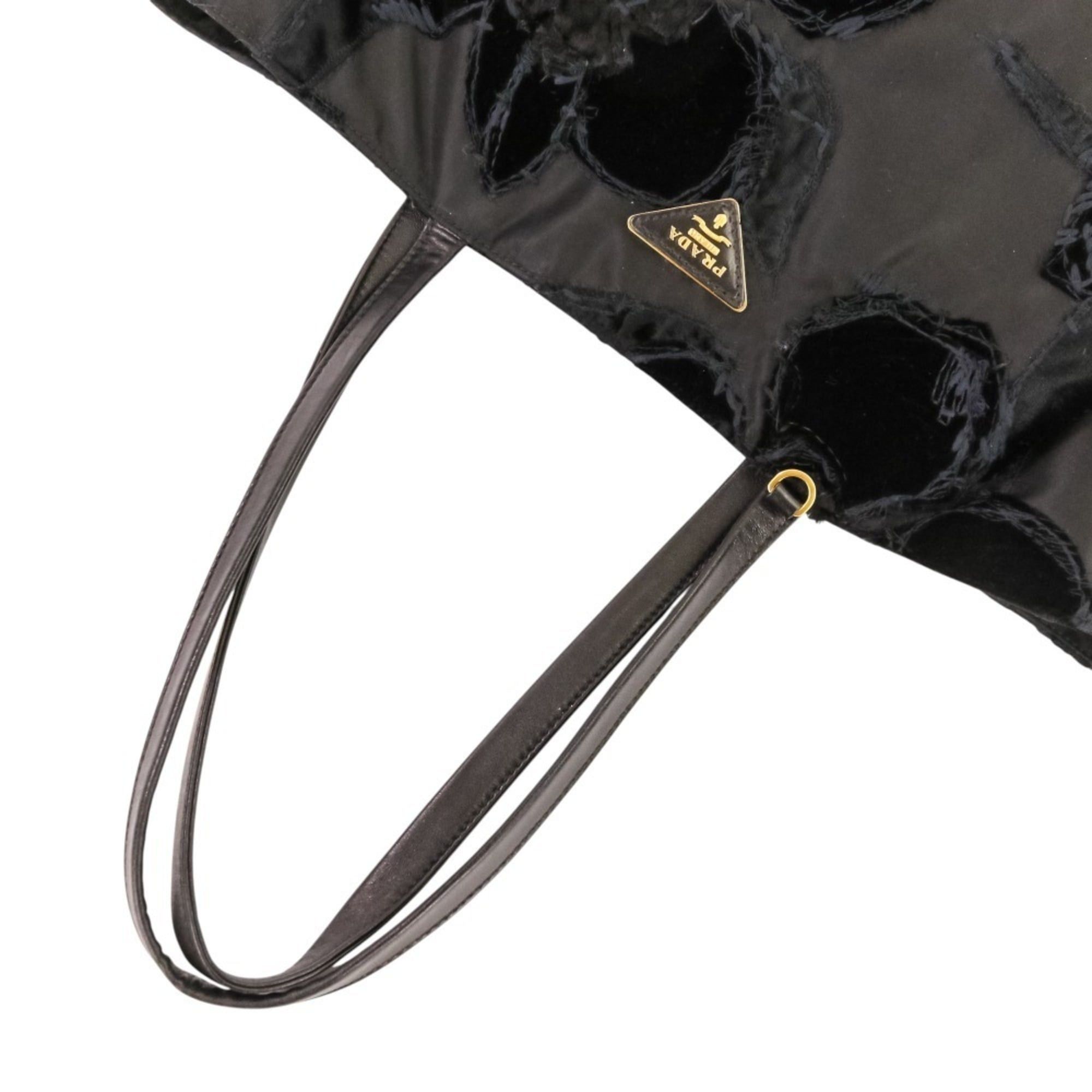 Prada PRADA Velvet Flower Nylon Tote Bag, Black, Women's Size ONE SIZE - 5 Thumbnail