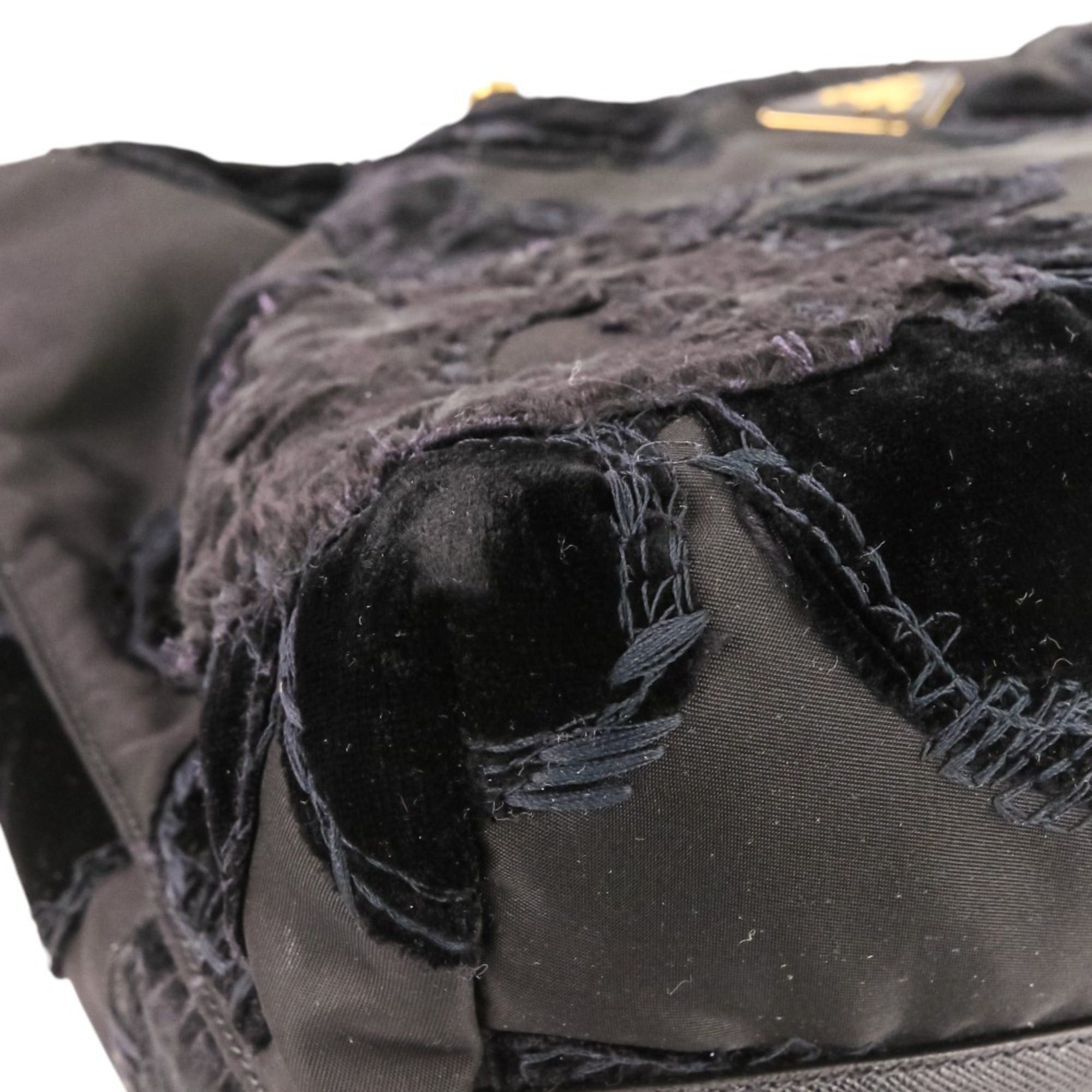 Prada PRADA Velvet Flower Nylon Tote Bag, Black, Women's Size ONE SIZE - 10 Thumbnail
