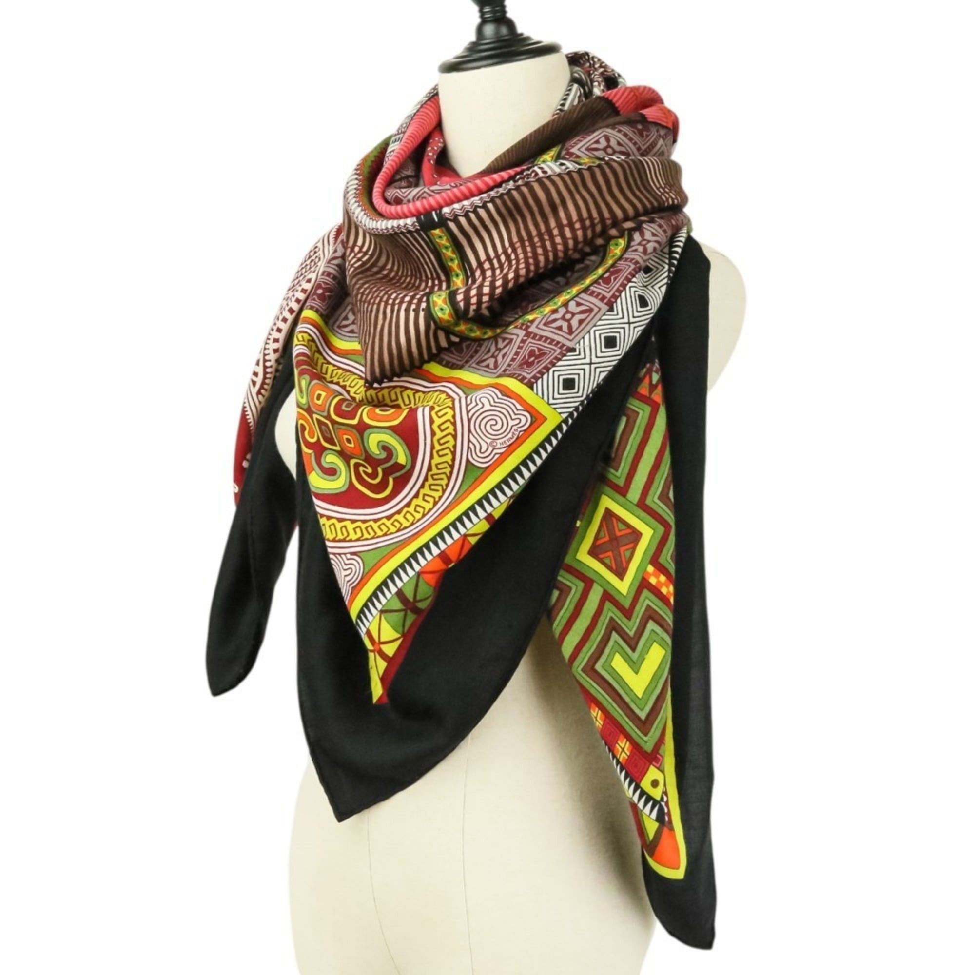 Hermes HERMES CENT PLIS DES MIAO Carre Geant 140 Cashmere Silk Large Shawl Stole Black Red Women's Size ONE SIZE - 11 Thumbnail