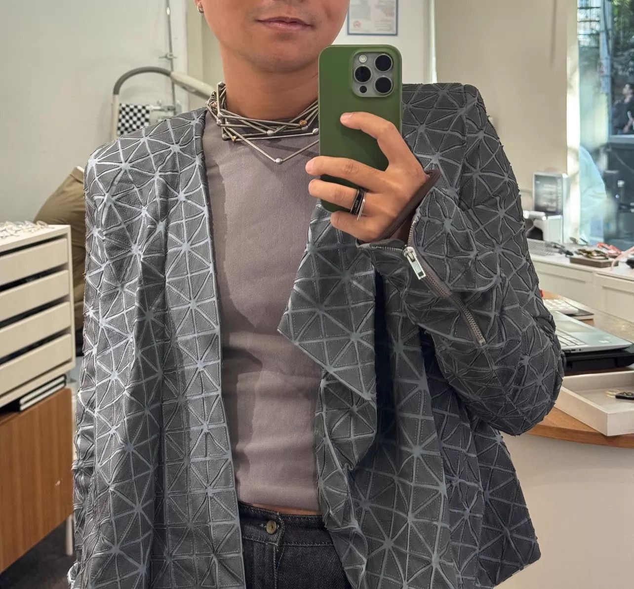 Gareth Pugh Gray Geometric Pattern Wrap Front Jacket Size S Size US S / EU 44-46 / 1 - 5 Thumbnail