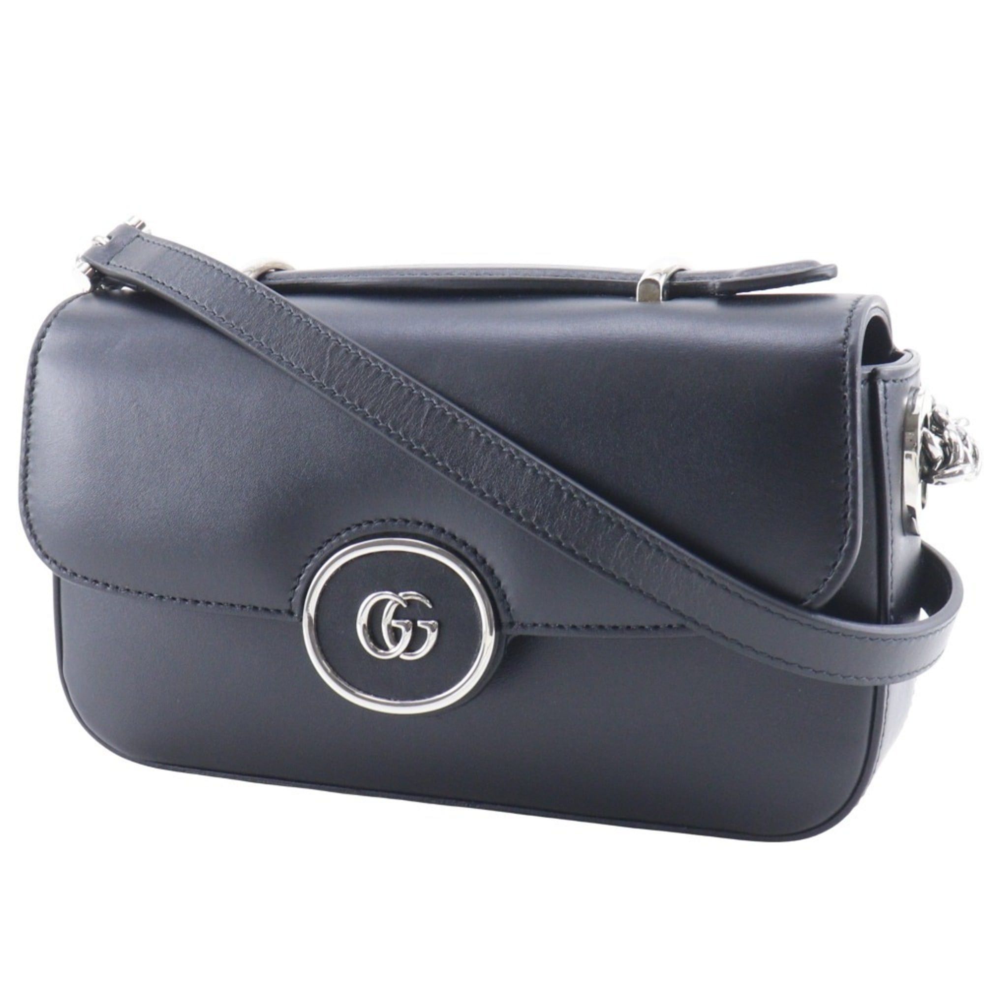 Gucci Gucci Petit GG Shoulder Bag, Double G, 2-Way, 739722, Leather, Black, Flap, GG, Women's Size ONE SIZE - 2 Thumbnail