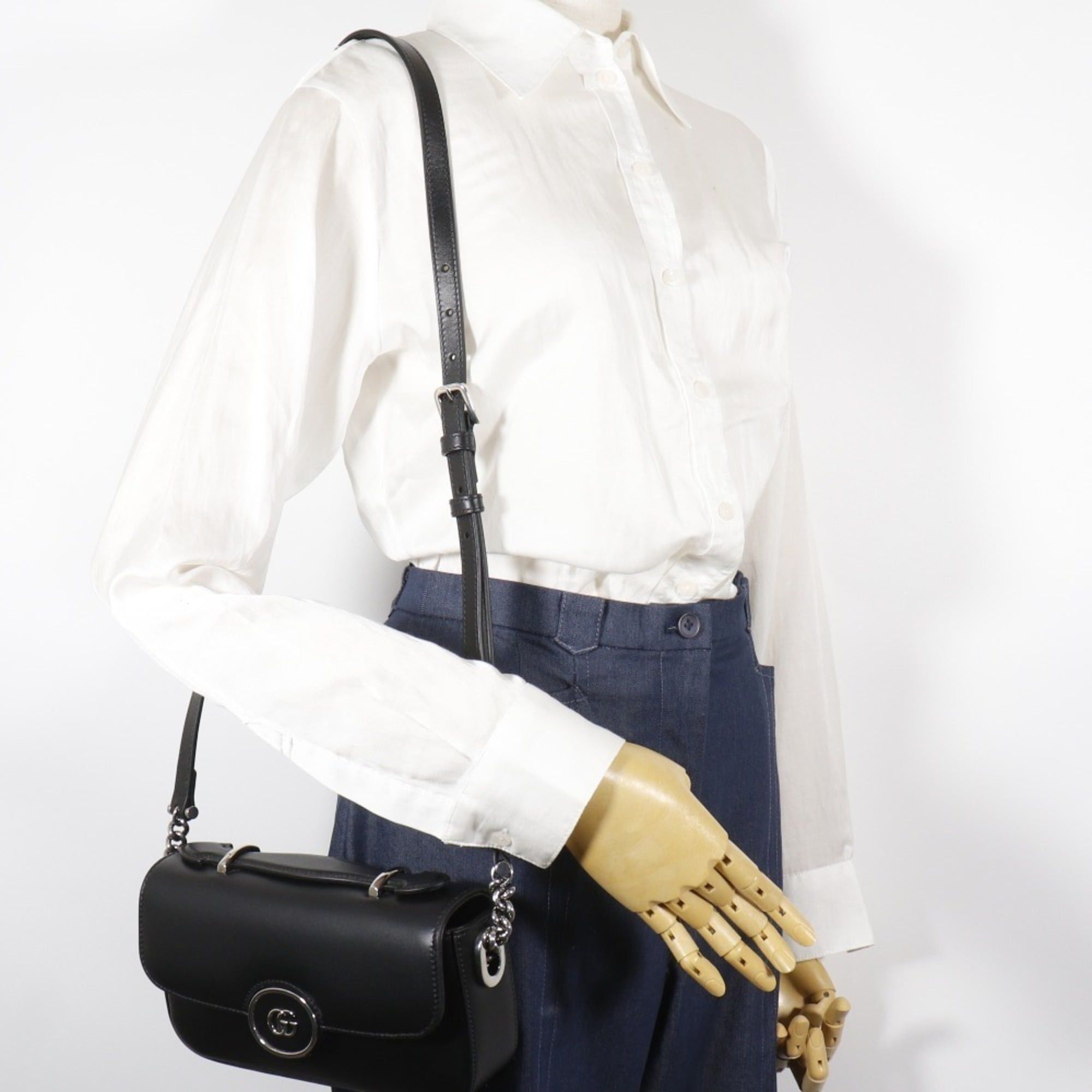 Gucci Gucci Petit GG Shoulder Bag, Double G, 2-Way, 739722, Leather, Black, Flap, GG, Women's Size ONE SIZE - 16 Thumbnail