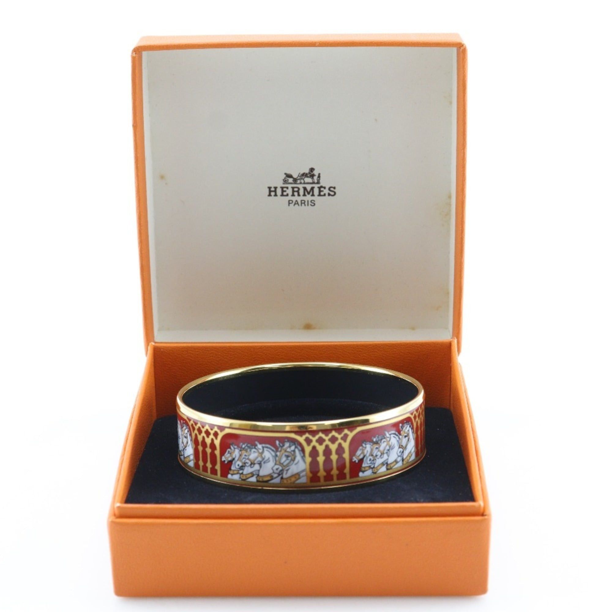 Hermes Hermes EmailGM Bangle, Cloisonné Enamel, Horse Design, Gold Plated, Red, Approx. 33.4g, Women's Size ONE SIZE - 9 Thumbnail