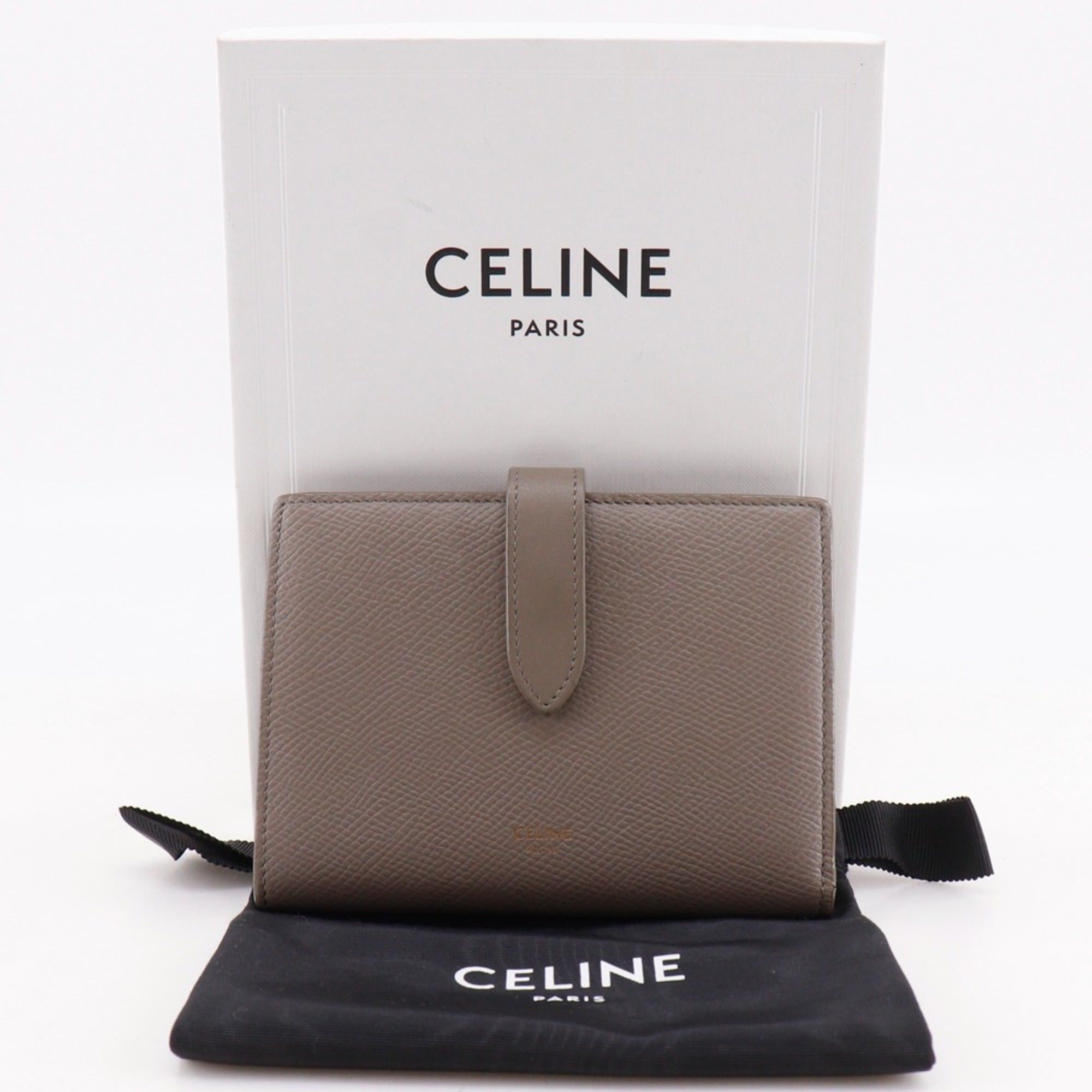 Celine Celine Medium Strap Wallet, Bi-fold Leather, Greige, Snap Button, Women's Size ONE SIZE - 17 Thumbnail