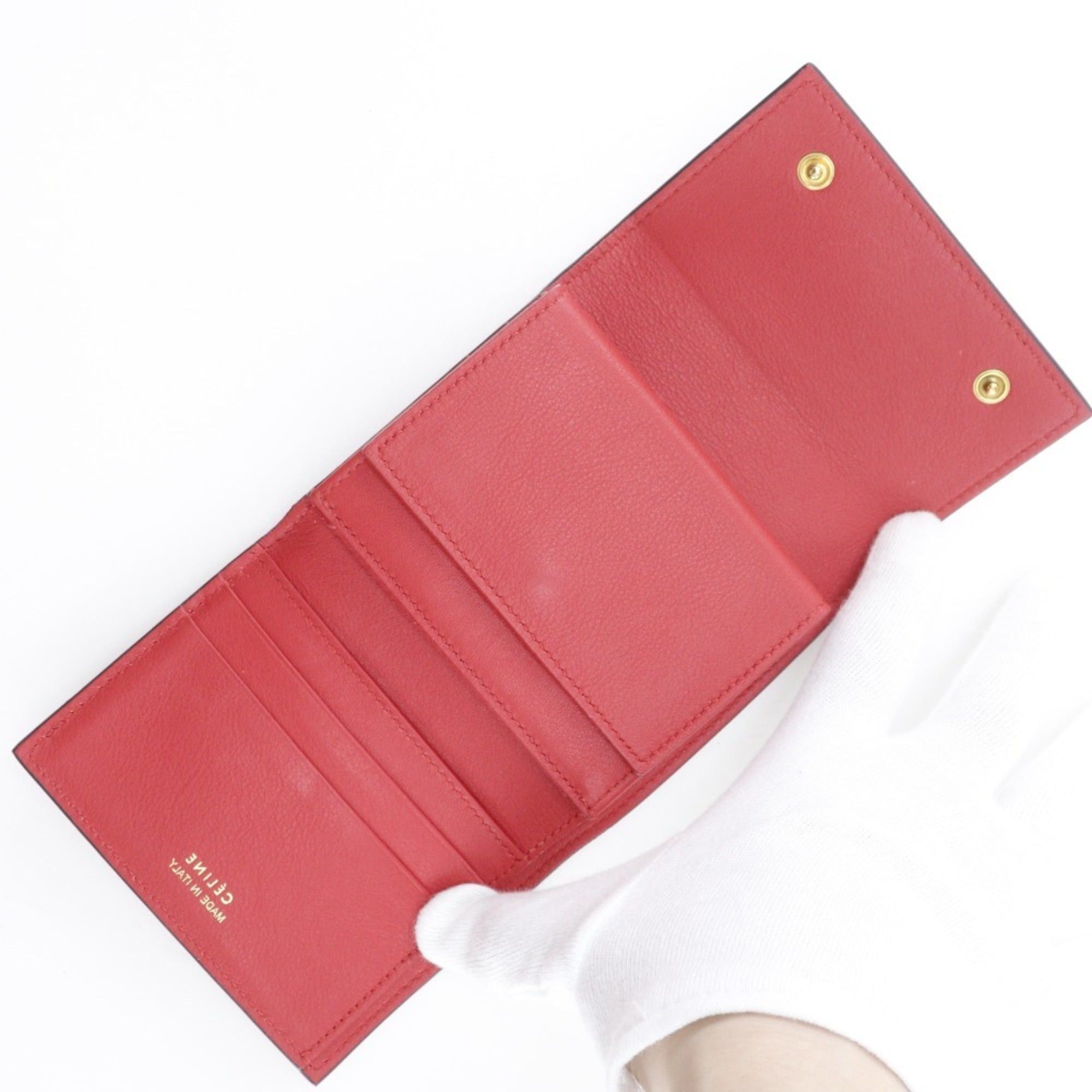 Celine Celine Small Folded Multifunction Tri-fold Wallet, Leather, Red, Snap Button, Women's Size ONE SIZE - 4 Thumbnail
