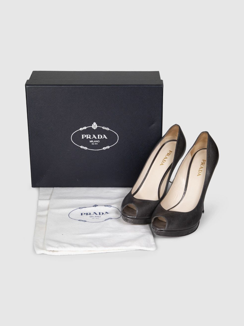 Prada Graphite Leather Peep Toe Heels Size US 10 / IT 40 - 3 Thumbnail
