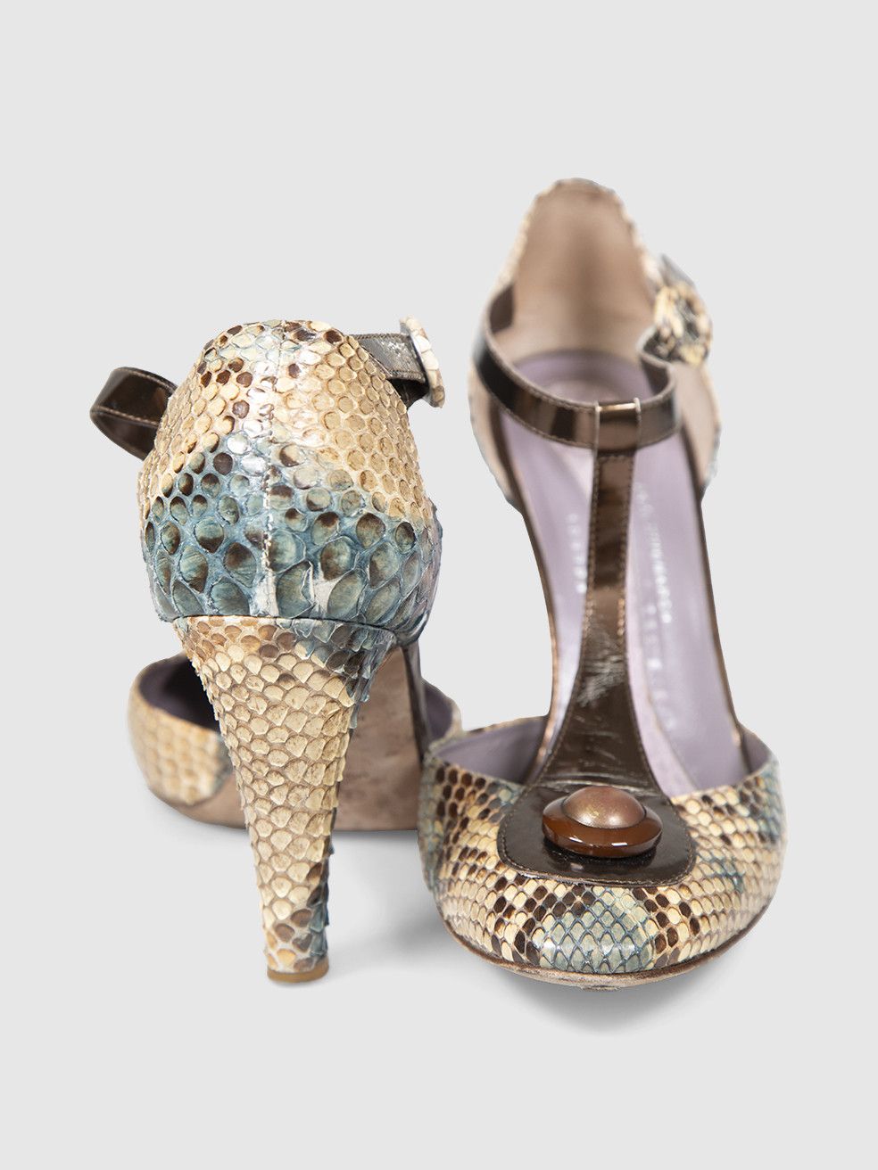 Anya Hindmarch Python Leather T-Strap Heels Size US 10 / IT 40 - 4 Thumbnail
