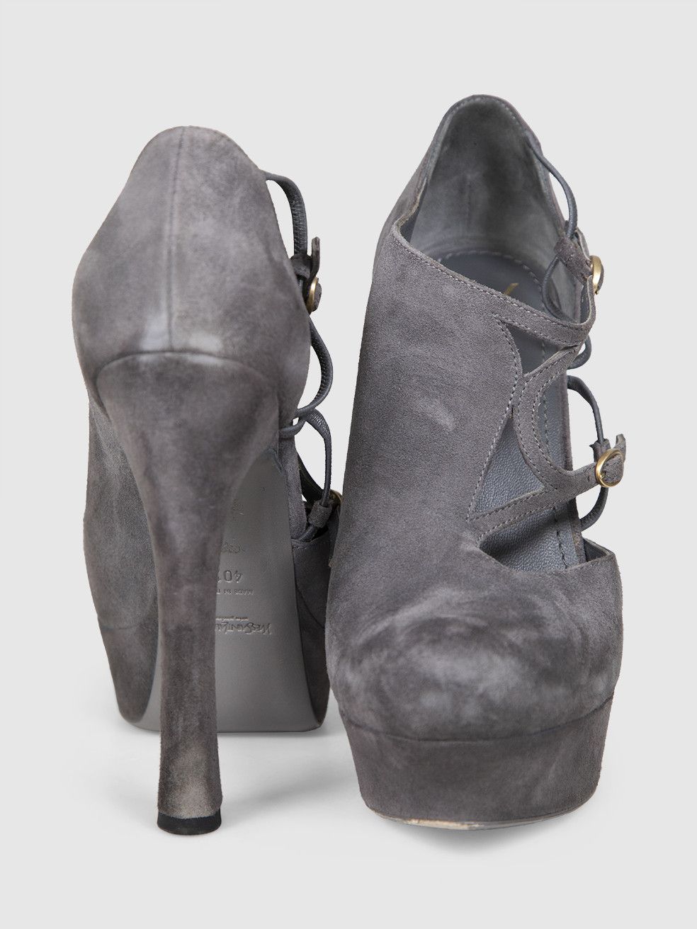 Saint Laurent Paris Grey Suede Palais 105 Double Strap Heels Size US 10.5 / IT 40.5 - 4 Thumbnail