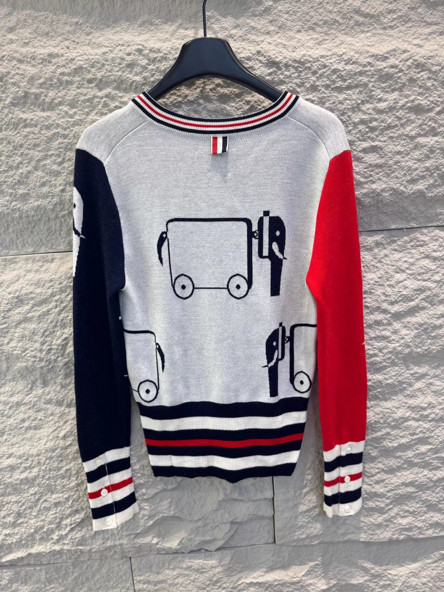 Thom Browne Multi Color V-Neck Knit Sweater with Vehicle Prints Size US S / EU 44-46 / 1 - 4 Thumbnail