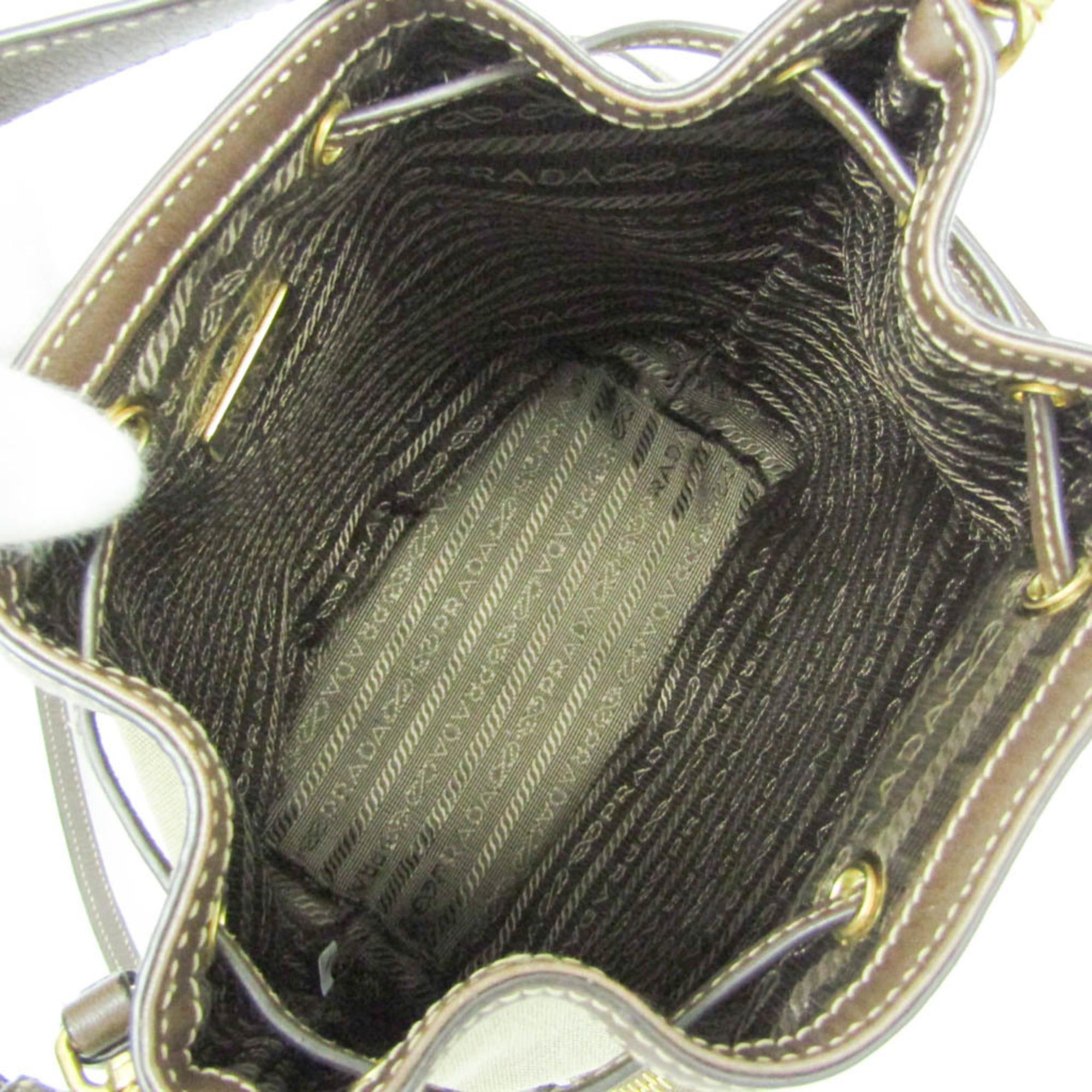 Prada Prada Logo Jacquard Drawstring Bag Women's Leather,Jacquard Handbag,Shoulder Bag Beige Brown,Dark Brown Size ONE SIZE - 3 Thumbnail