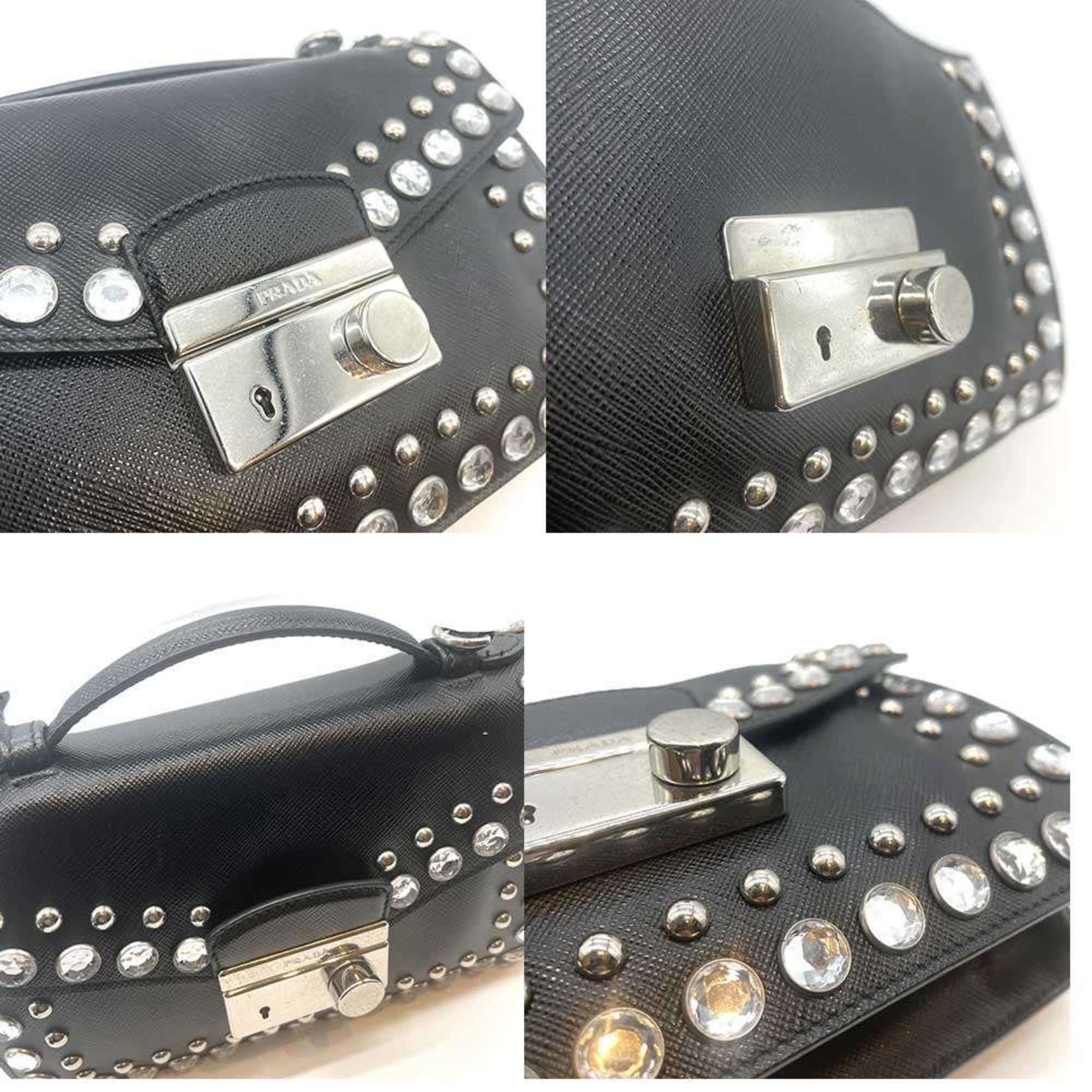 Prada Prada Shoulder Bag Pochette 2-Way Beaded Studs Saffiano Leather Nero Black PRADA Size ONE SIZE - 5 Thumbnail