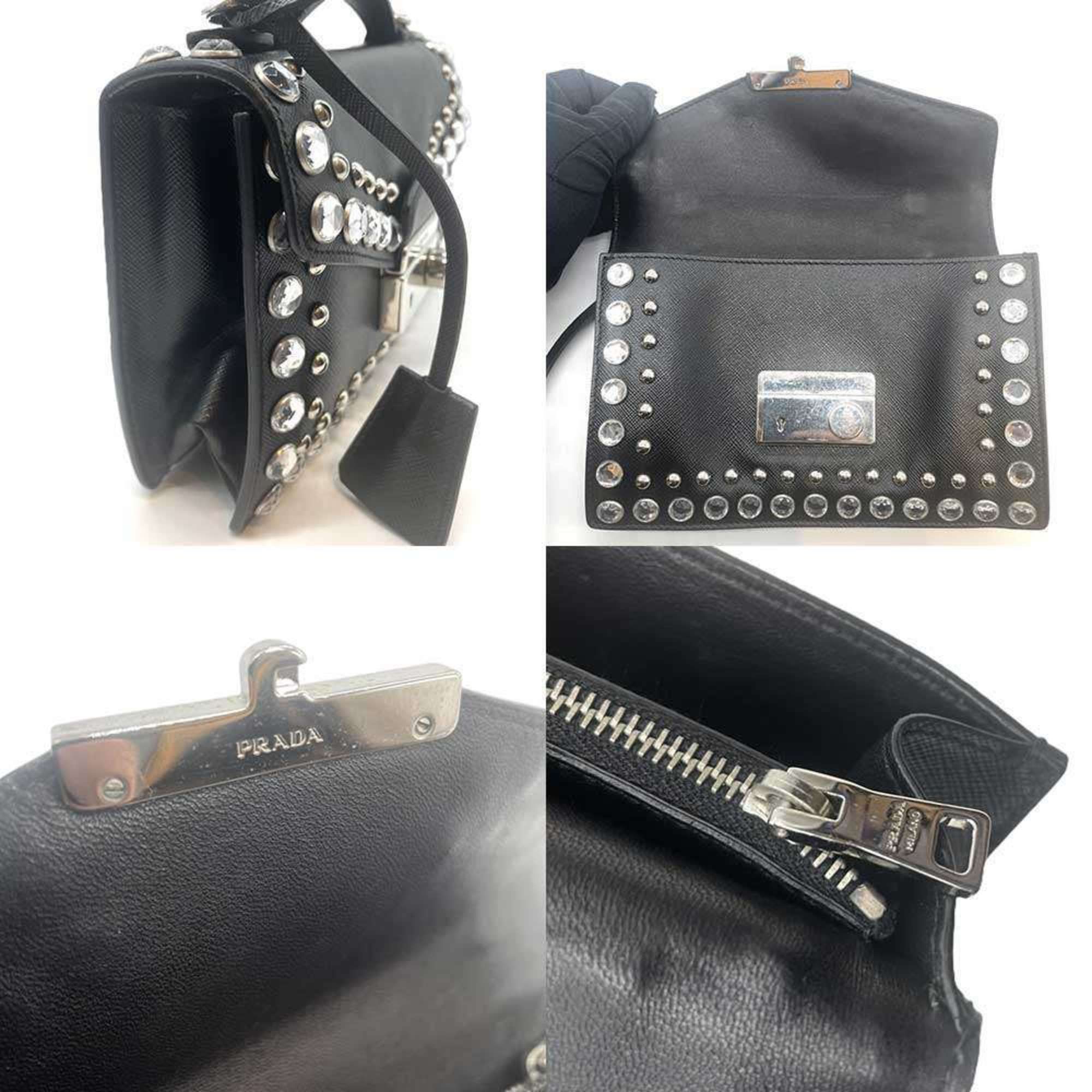 Prada Prada Shoulder Bag Pochette 2-Way Beaded Studs Saffiano Leather Nero Black PRADA Size ONE SIZE - 6 Thumbnail
