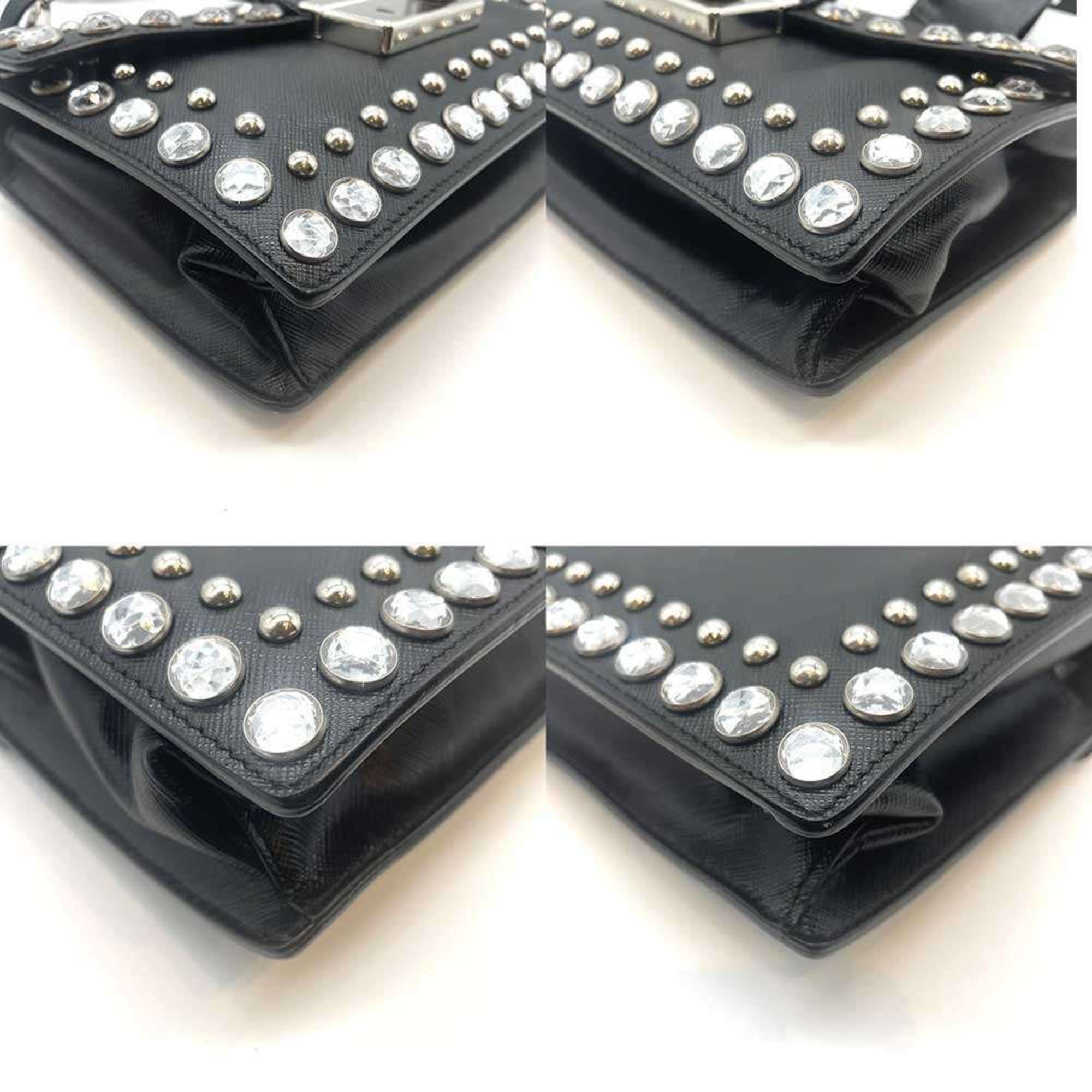 Prada Prada Shoulder Bag Pochette 2-Way Beaded Studs Saffiano Leather Nero Black PRADA Size ONE SIZE - 3 Thumbnail
