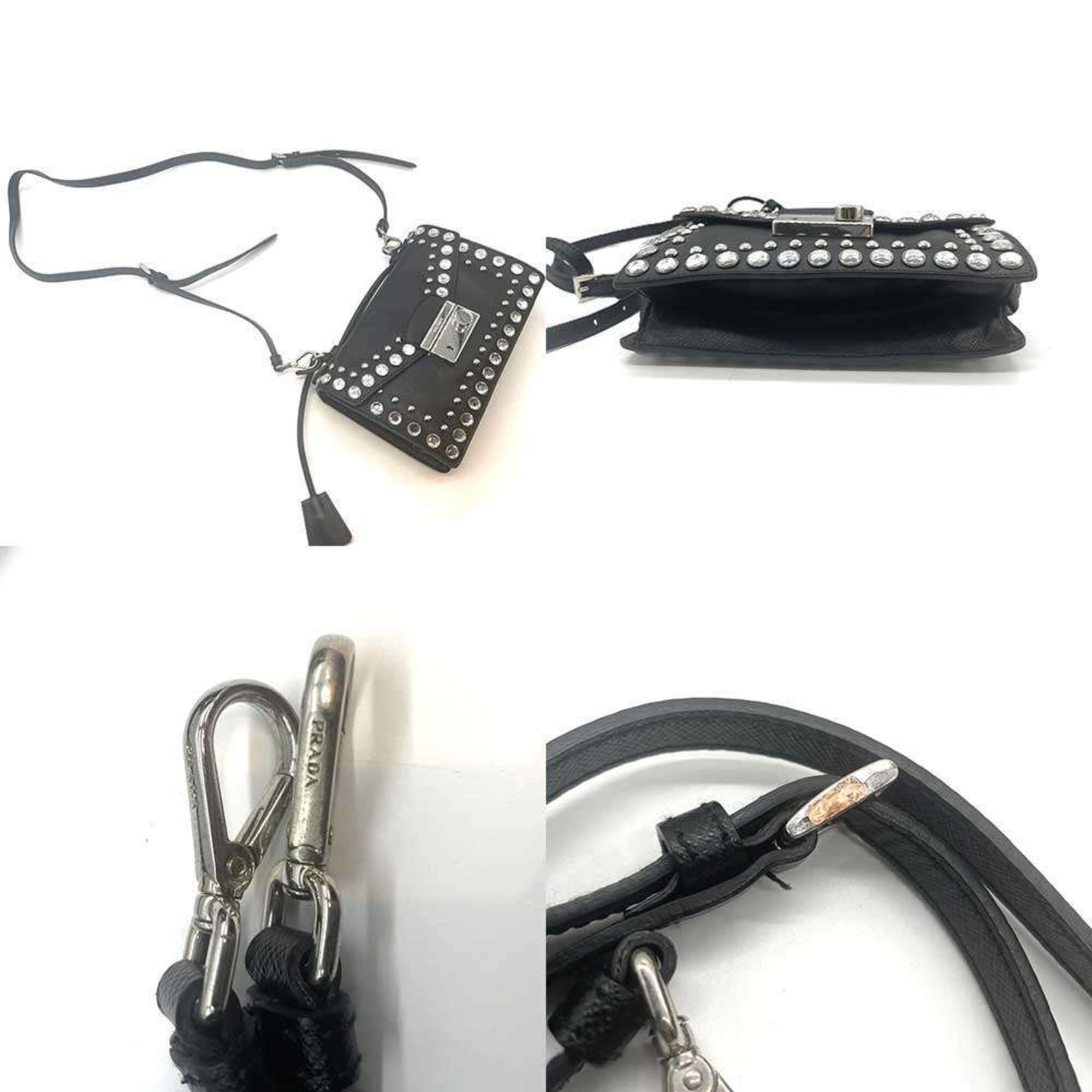 Prada Prada Shoulder Bag Pochette 2-Way Beaded Studs Saffiano Leather Nero Black PRADA Size ONE SIZE - 4 Thumbnail