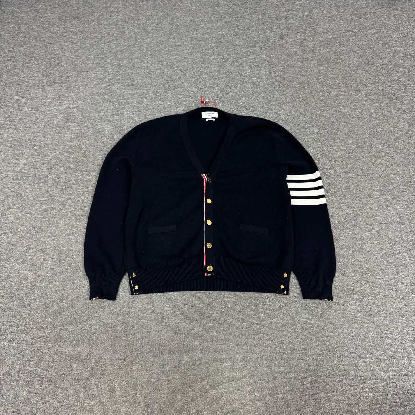 Thom Browne Thom Browne 4-Stripe V-Neck Gold Button Cardigan Size US XXL / EU 58 / 5 - 2 Thumbnail