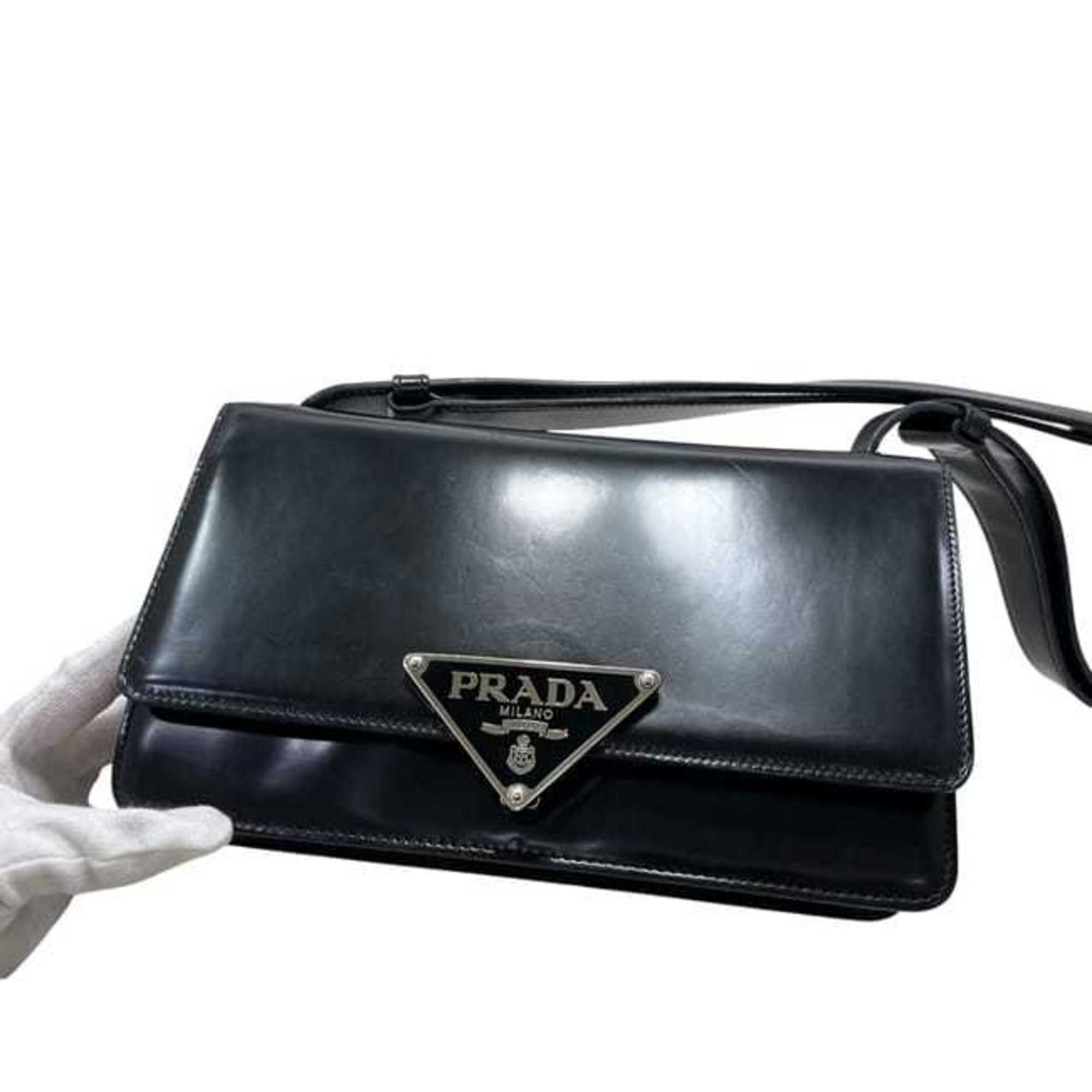 Prada Prada 2-way bag f-25188 Black NERO SPAZZOLATO 1BD321 Leather 25 H PRADA Shoulder Crossbody Flap Triangle Women's Size ONE SIZE - 8 Thumbnail