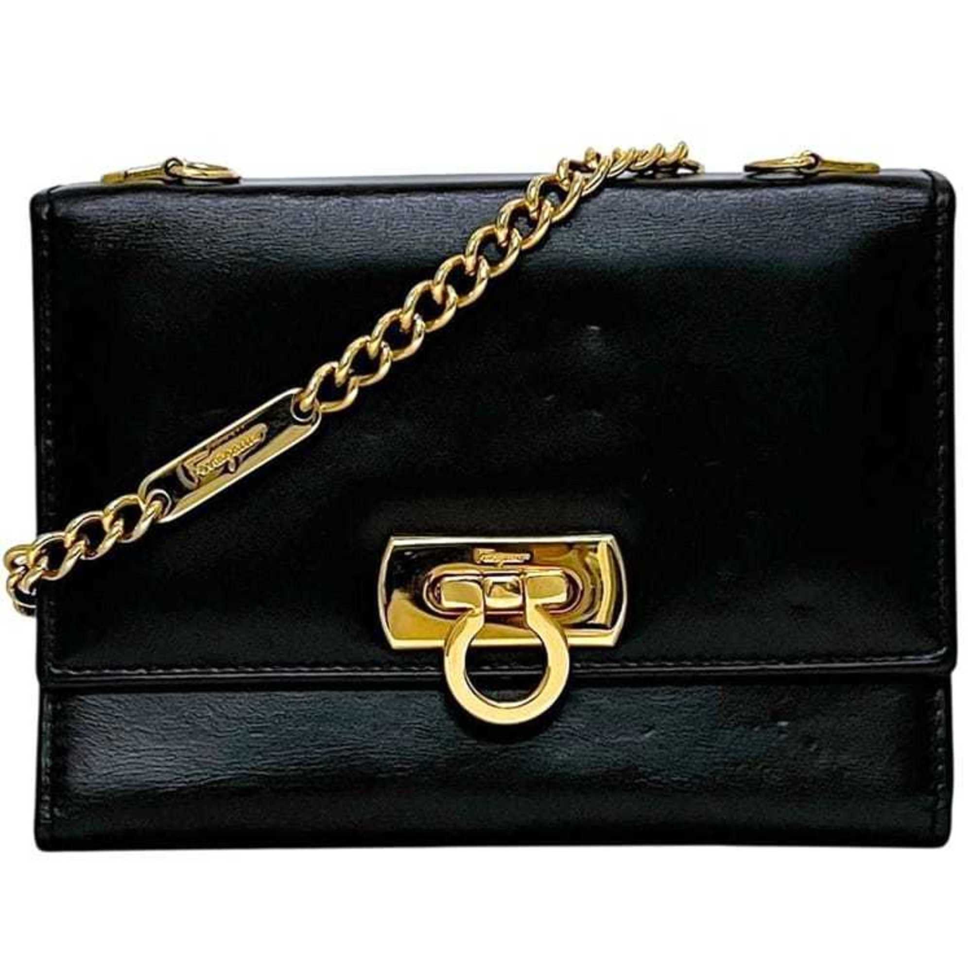 Salvatore Ferragamo Salvatore Ferragamo Chain Wallet f-25159 Black Gancini 22 5628 Tri-fold Leather Shoulder Crossbody Women's Size ONE SIZE - 2 Thumbnail