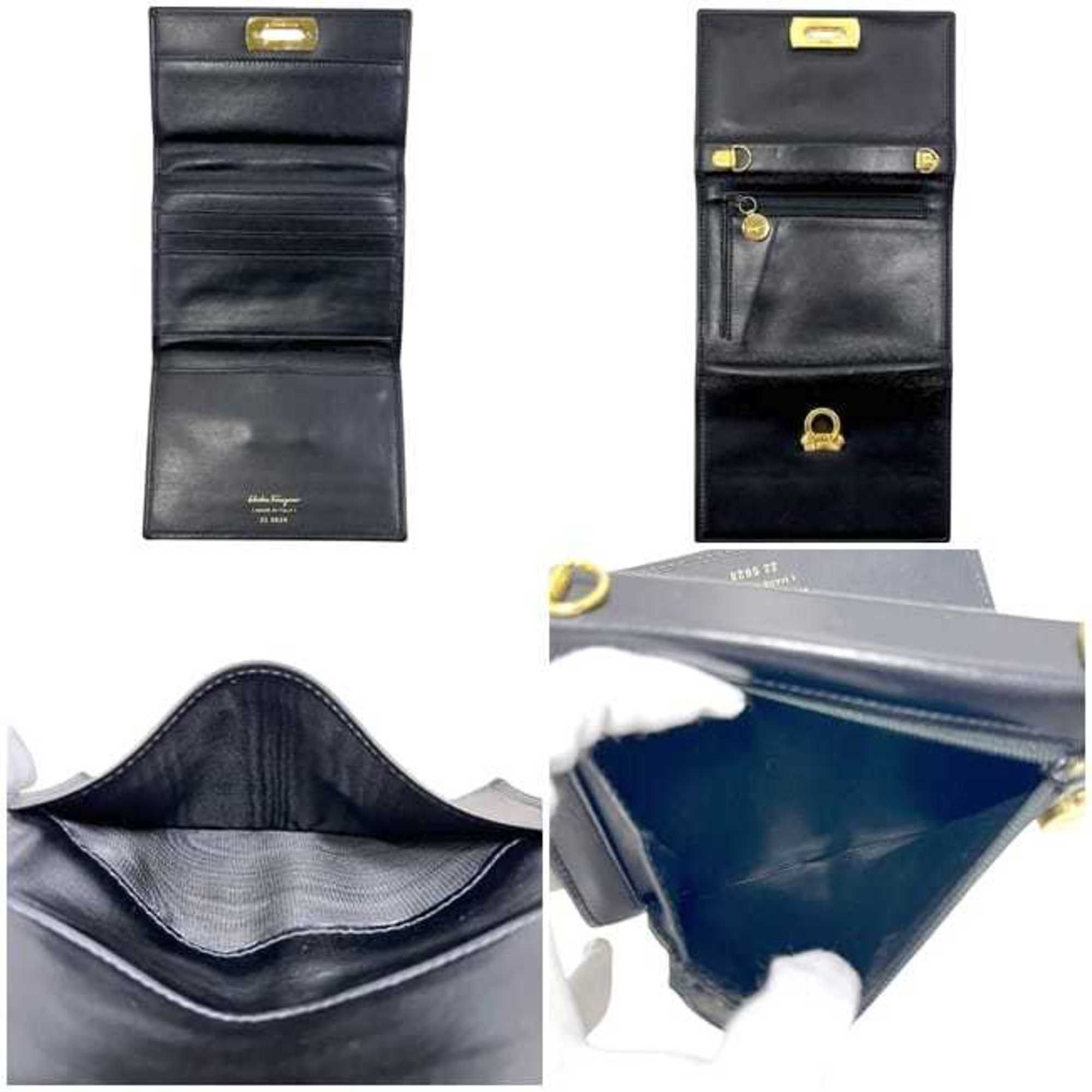 Salvatore Ferragamo Salvatore Ferragamo Chain Wallet f-25159 Black Gancini 22 5628 Tri-fold Leather Shoulder Crossbody Women's Size ONE SIZE - 4 Thumbnail