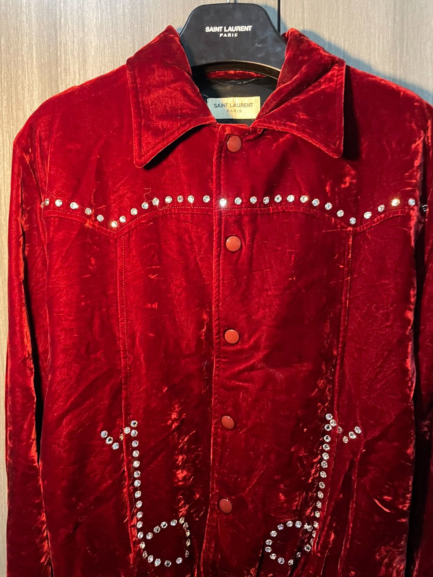 Saint Laurent Paris Saint Laurent Red Velvet Crystal Jacket Size L / US 10 / IT 46 - 3 Thumbnail