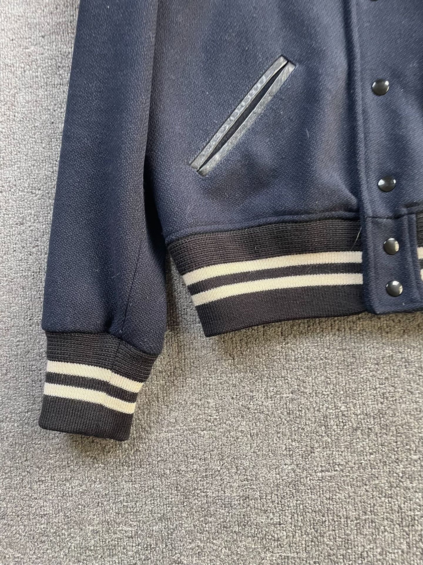 Saint Laurent Paris Saint Laurent Navy Leather-Sleeve Baseball Jacket Size US M / EU 48-50 / 2 - 4 Thumbnail