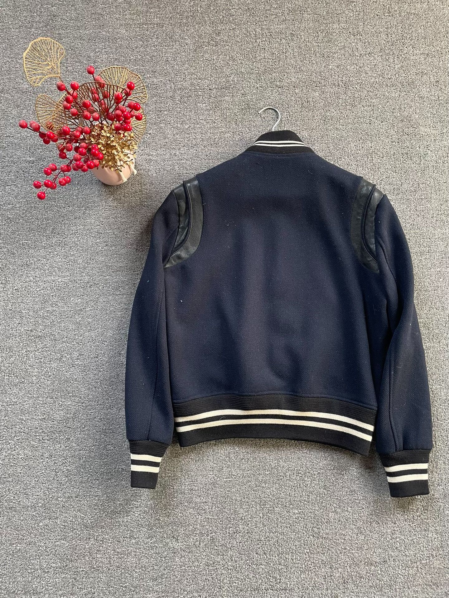 Saint Laurent Paris Saint Laurent Navy Leather-Sleeve Baseball Jacket Size US M / EU 48-50 / 2 - 2 Thumbnail