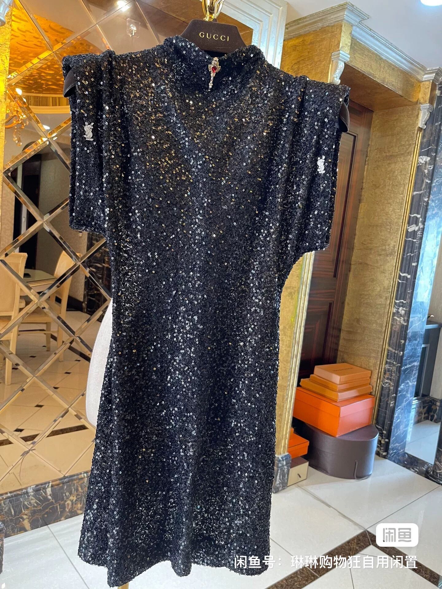 Saint Laurent Sequin Structured Shoulder Dress