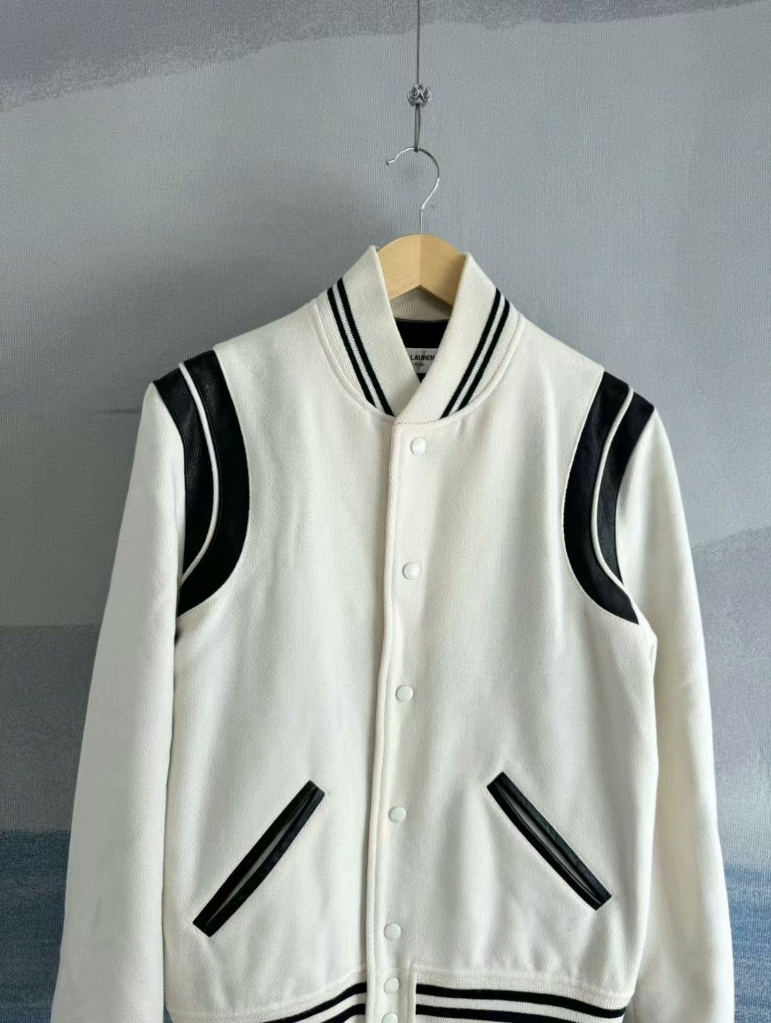 Saint Laurent Paris Saint Laurent White Leather Sleeves Baseball Jacket Size US M / EU 48-50 / 2 - 2 Thumbnail