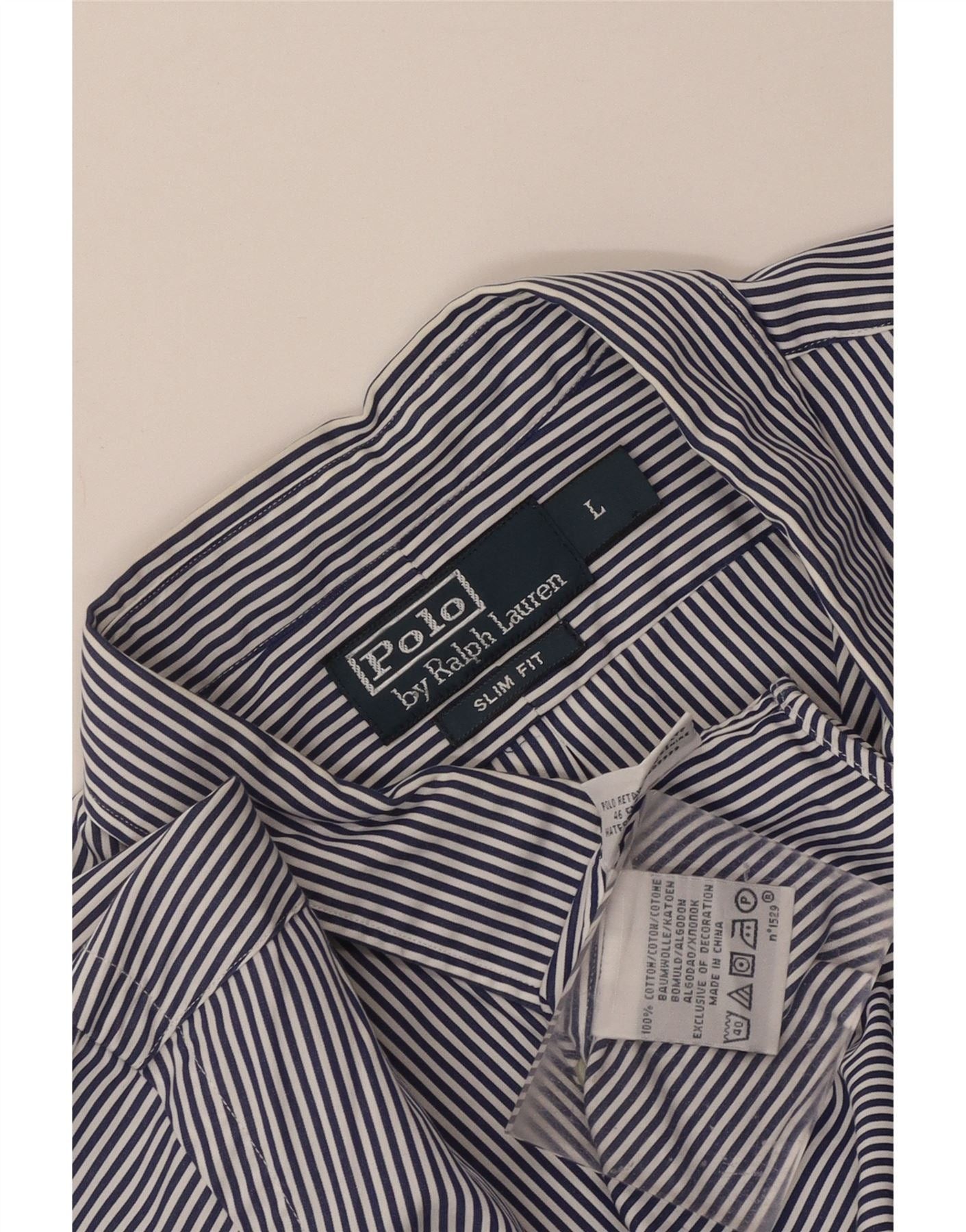 Polo Ralph Lauren Mens Slim Fit Shirt Large Navy Blue Pinstripe Cotton Size US L / EU 52-54 / 3 - 3 Thumbnail