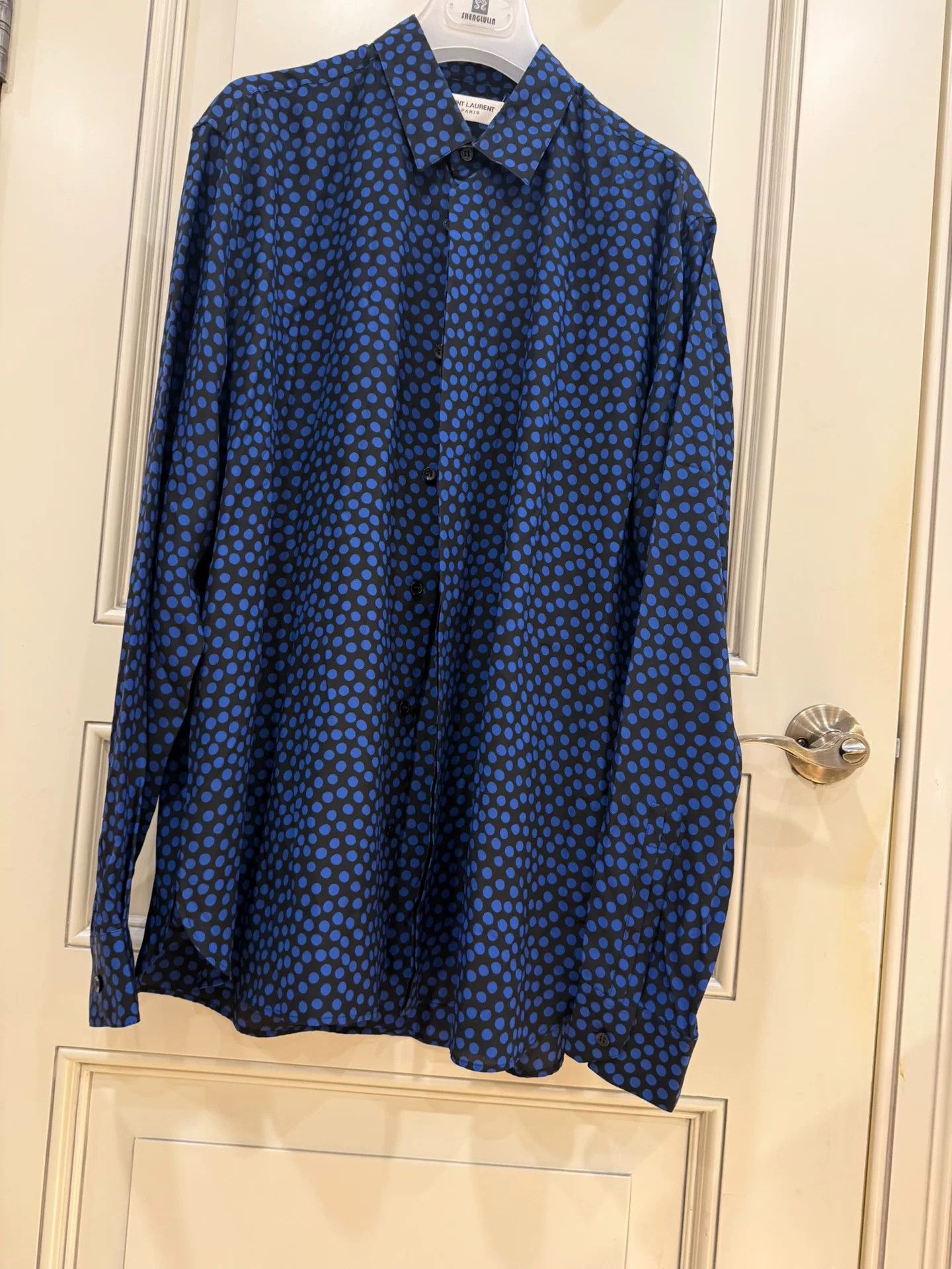 Saint Laurent Paris Saint Laurent Blue Polka Dot Silk Shirt Size US XXL / EU 58 / 5 - 2 Thumbnail