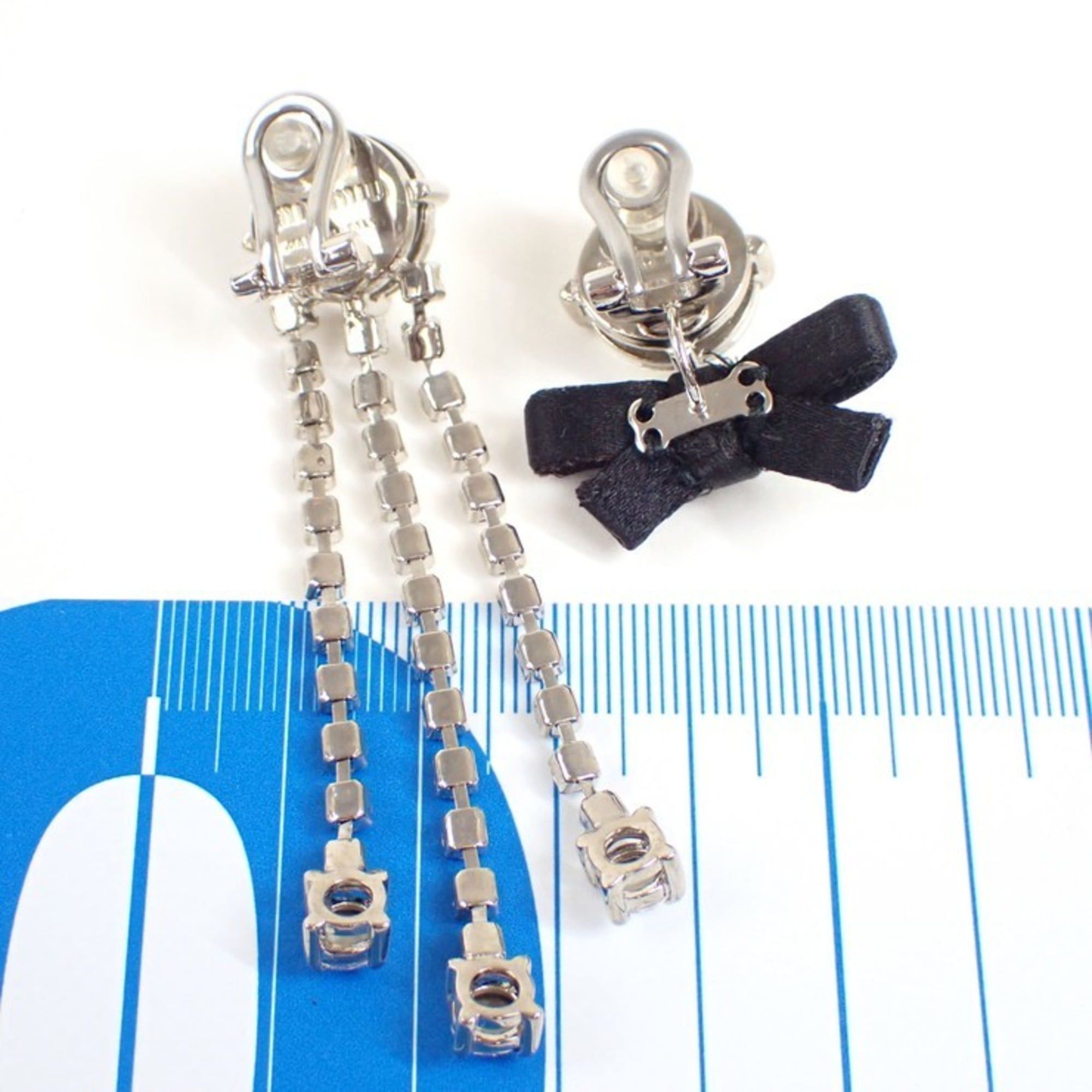 Miu Miu Miu Miu Miu Asymmetrical Earrings, Silver, Clear, Black Metal, Rhinestone, Satin, Clip-on Style. Size ONE SIZE - 2 Thumbnail